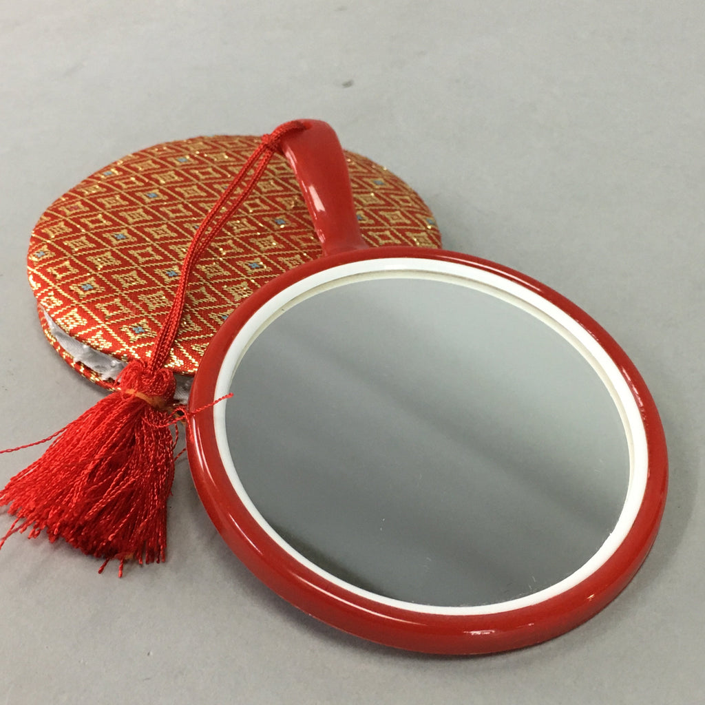 Japanese Hand Mirror Vtg Fabric Cover Red Gold KF305