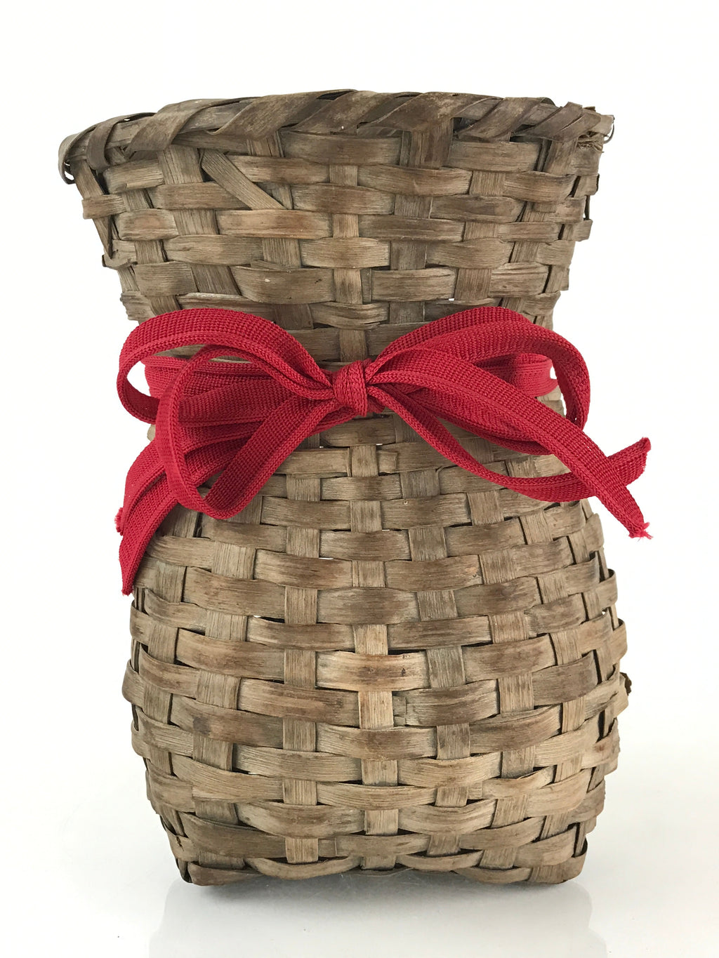 Japanese Hand Woven Vertical Dried Bamboo Basket Kago Vtg Red Ribbon B205