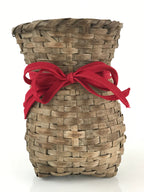 Japanese Hand Woven Vertical Dried Bamboo Basket Kago Vtg Red Ribbon B205