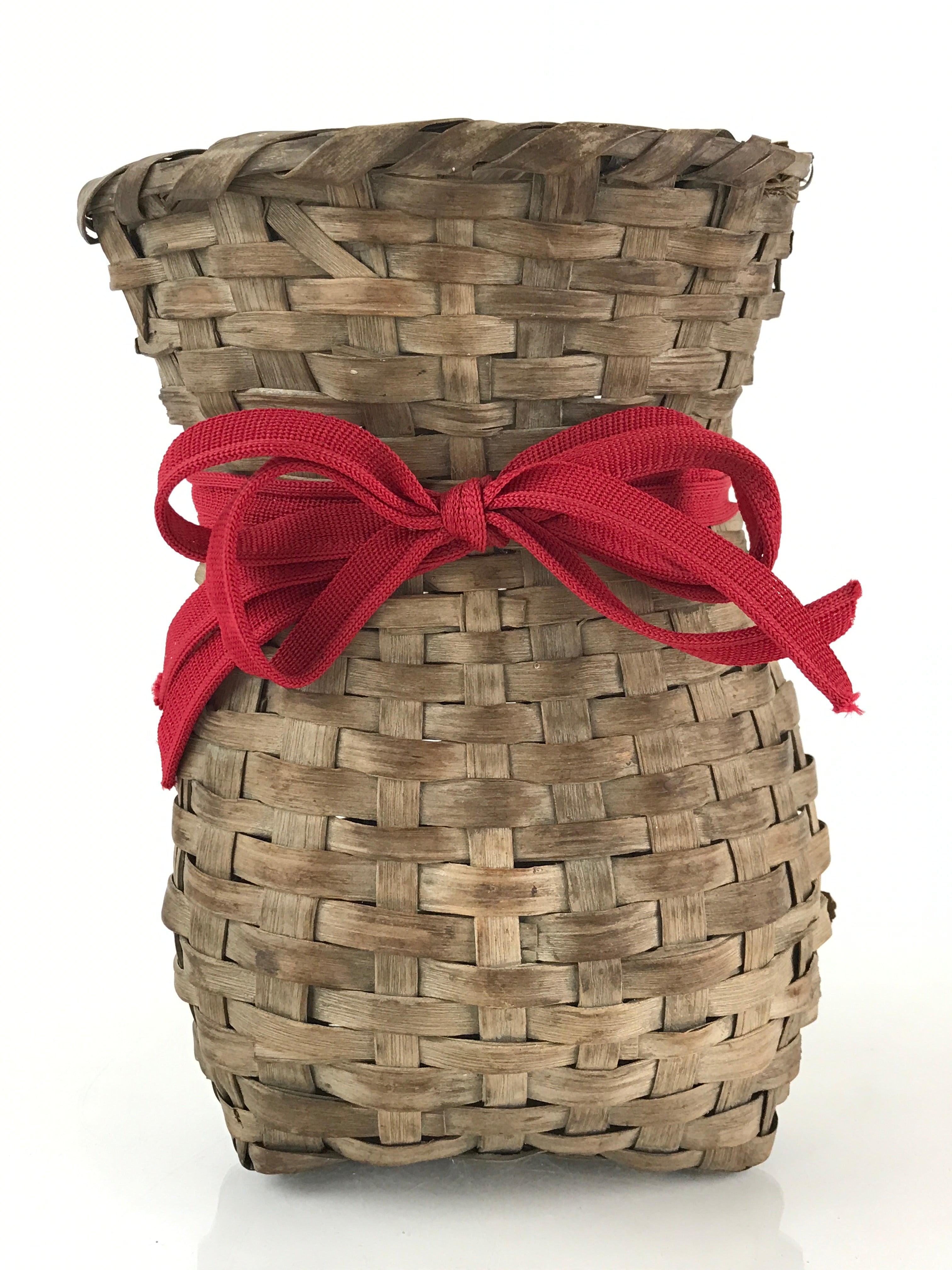 Japanese Hand Woven Vertical Dried Bamboo Basket Kago Vtg Red Ribbon B205
