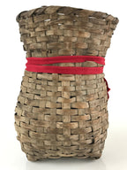 Japanese Hand Woven Vertical Dried Bamboo Basket Kago Vtg Red Ribbon B205
