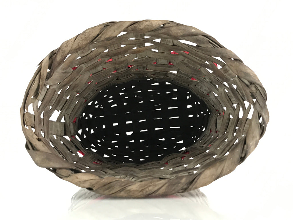 Japanese Hand Woven Vertical Dried Bamboo Basket Kago Vtg Red Ribbon B205