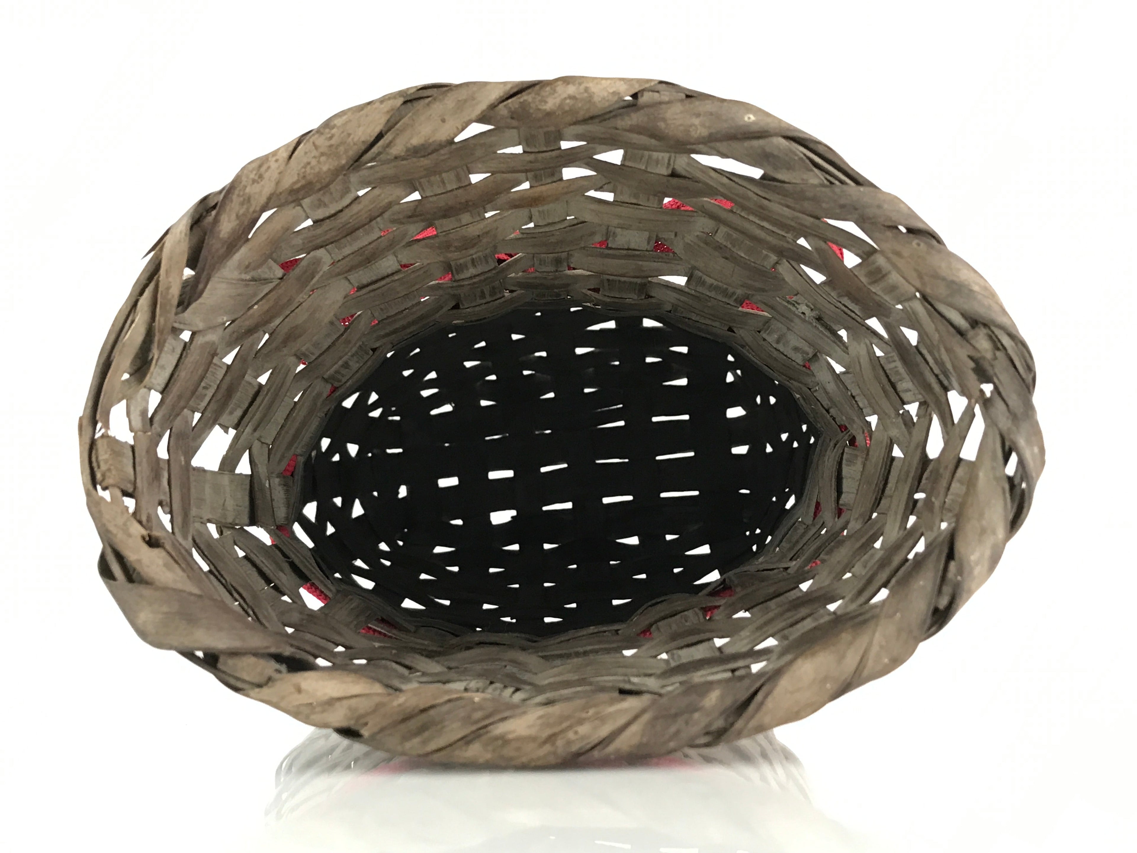 Japanese Hand Woven Vertical Dried Bamboo Basket Kago Vtg Red Ribbon B205
