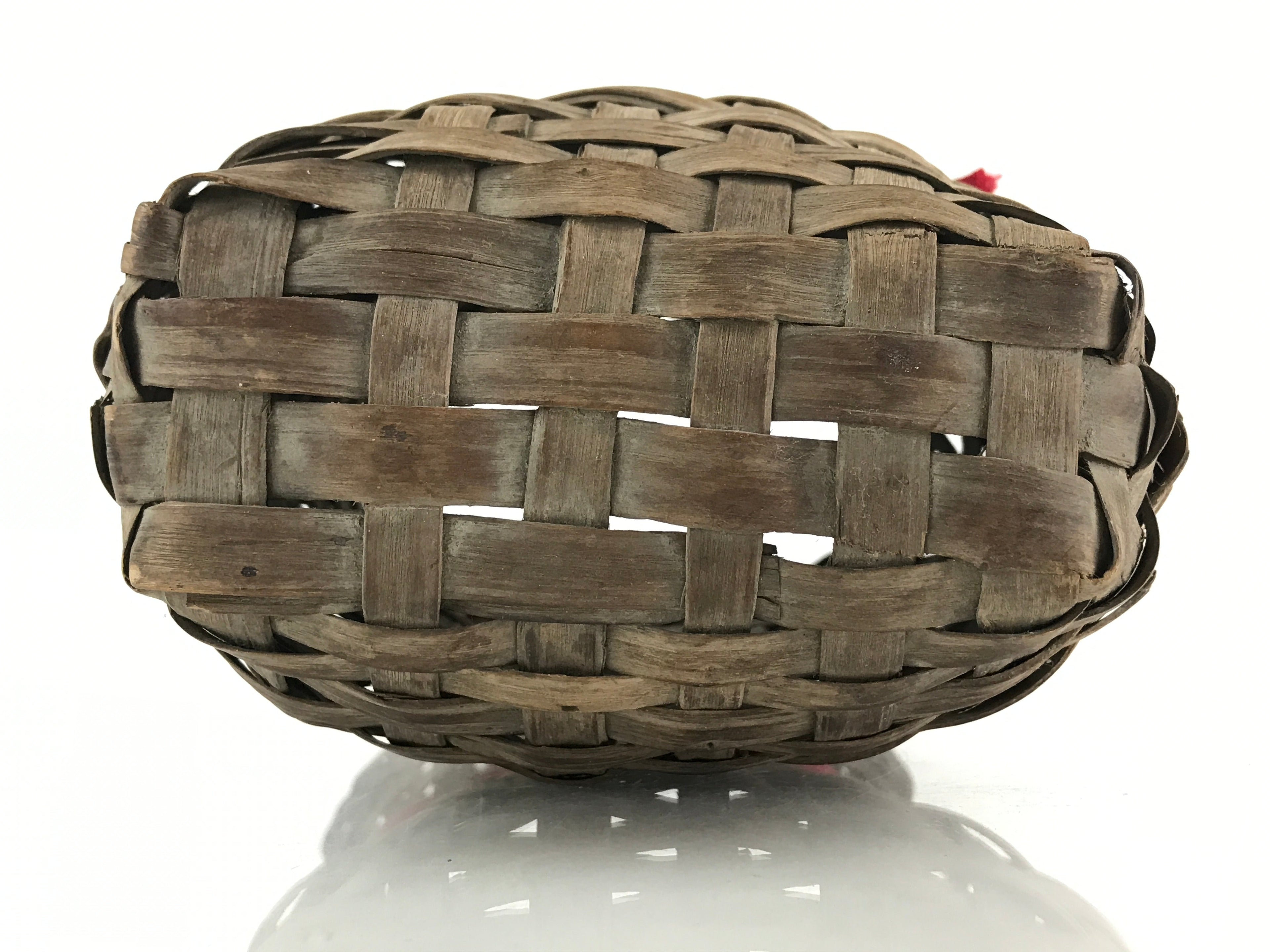 Japanese Hand Woven Vertical Dried Bamboo Basket Kago Vtg Red Ribbon B205