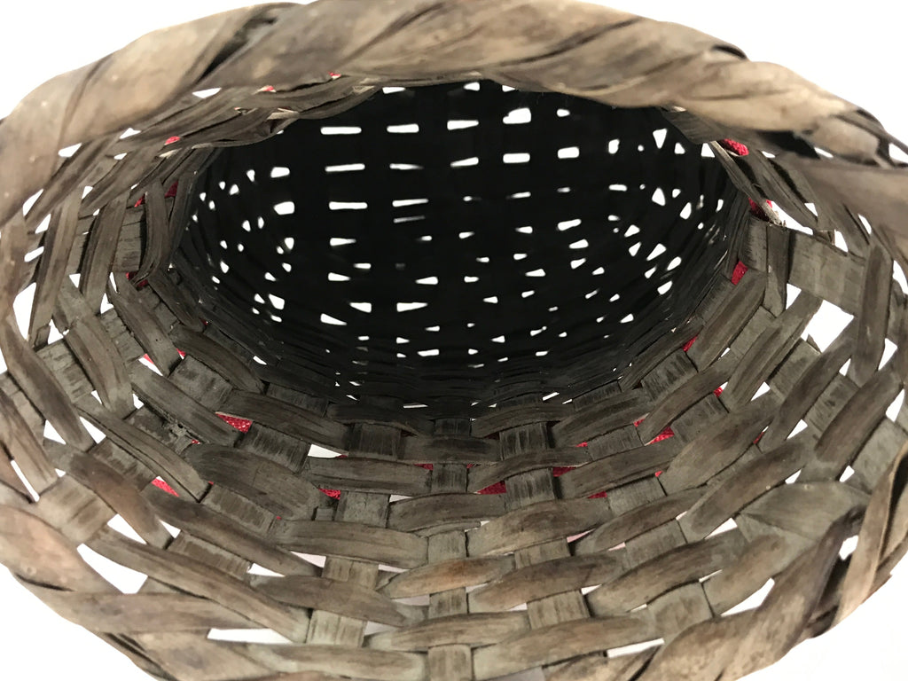 Japanese Hand Woven Vertical Dried Bamboo Basket Kago Vtg Red Ribbon B205