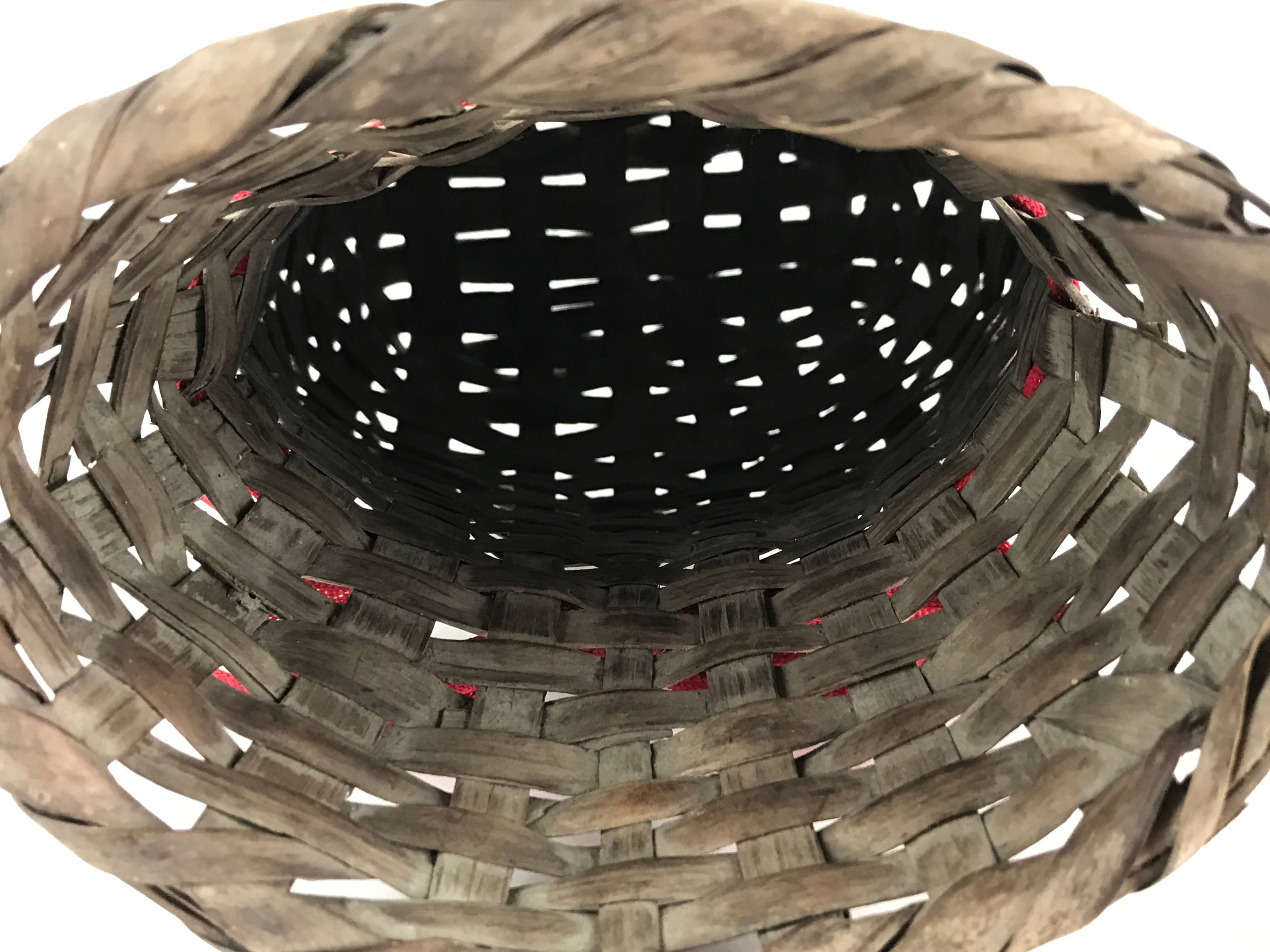 Japanese Hand Woven Vertical Dried Bamboo Basket Kago Vtg Red Ribbon B205