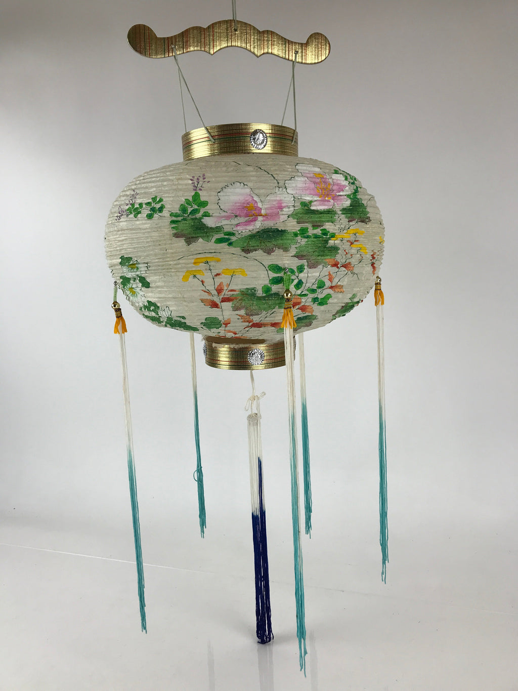 Japanese Hanging Paper Lantern Vtg Chochin Festival Washi Wood Frame Floral LT58