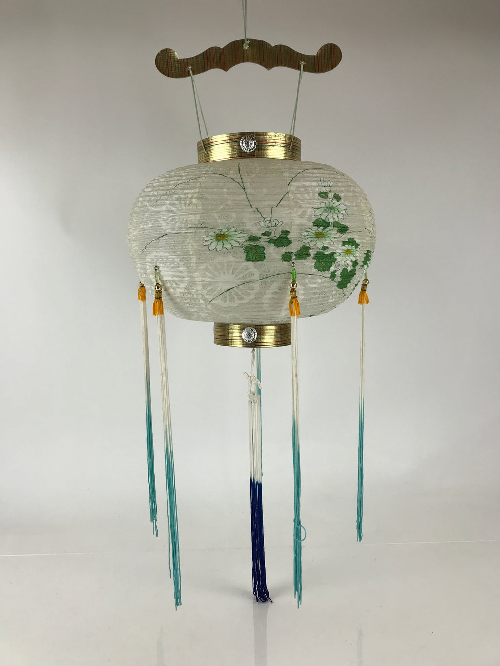 Japanese Hanging Paper Lantern Vtg Chochin Festival Washi Wood Frame Floral LT58