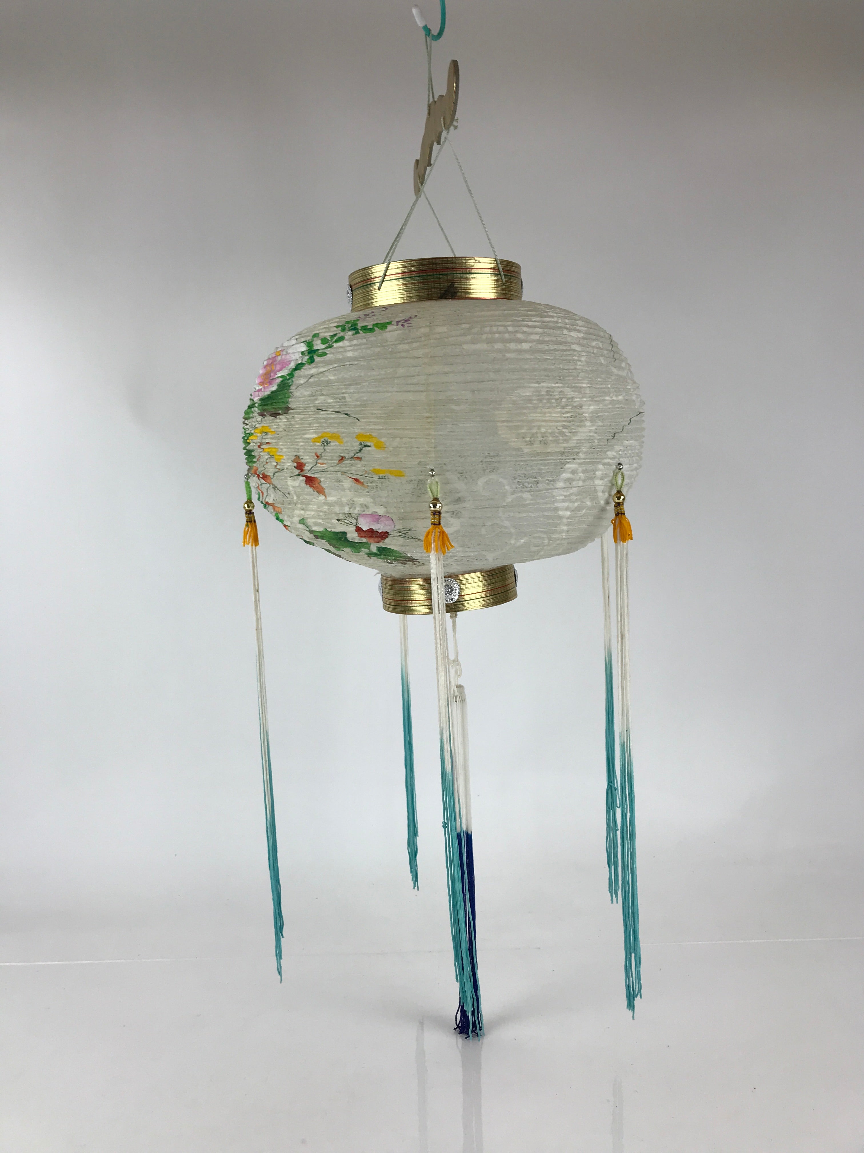 Japanese Hanging Paper Lantern Vtg Chochin Festival Washi Wood Frame Floral LT58