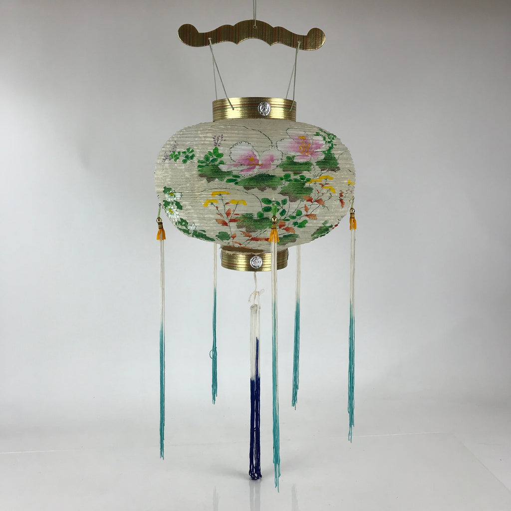 Japanese Hanging Paper Lantern Vtg Chochin Festival Washi Wood Frame Floral LT58
