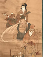 Japanese Hanging Scroll 7 Lucky Gods Auspicious Picture Vtg 1930 Kakejiku SC789
