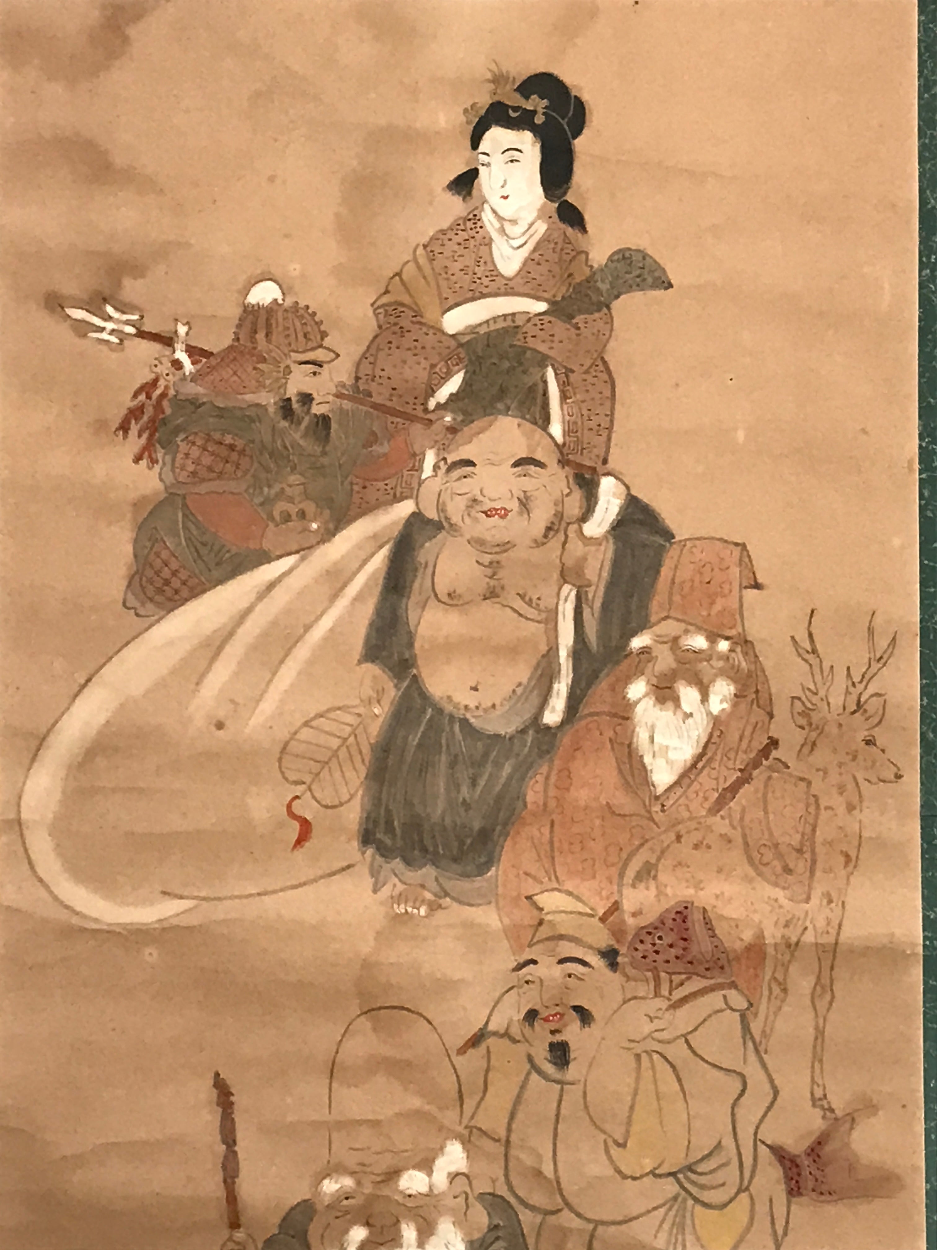 Japanese Hanging Scroll 7 Lucky Gods Auspicious Picture Vtg 1930 Kakejiku SC789