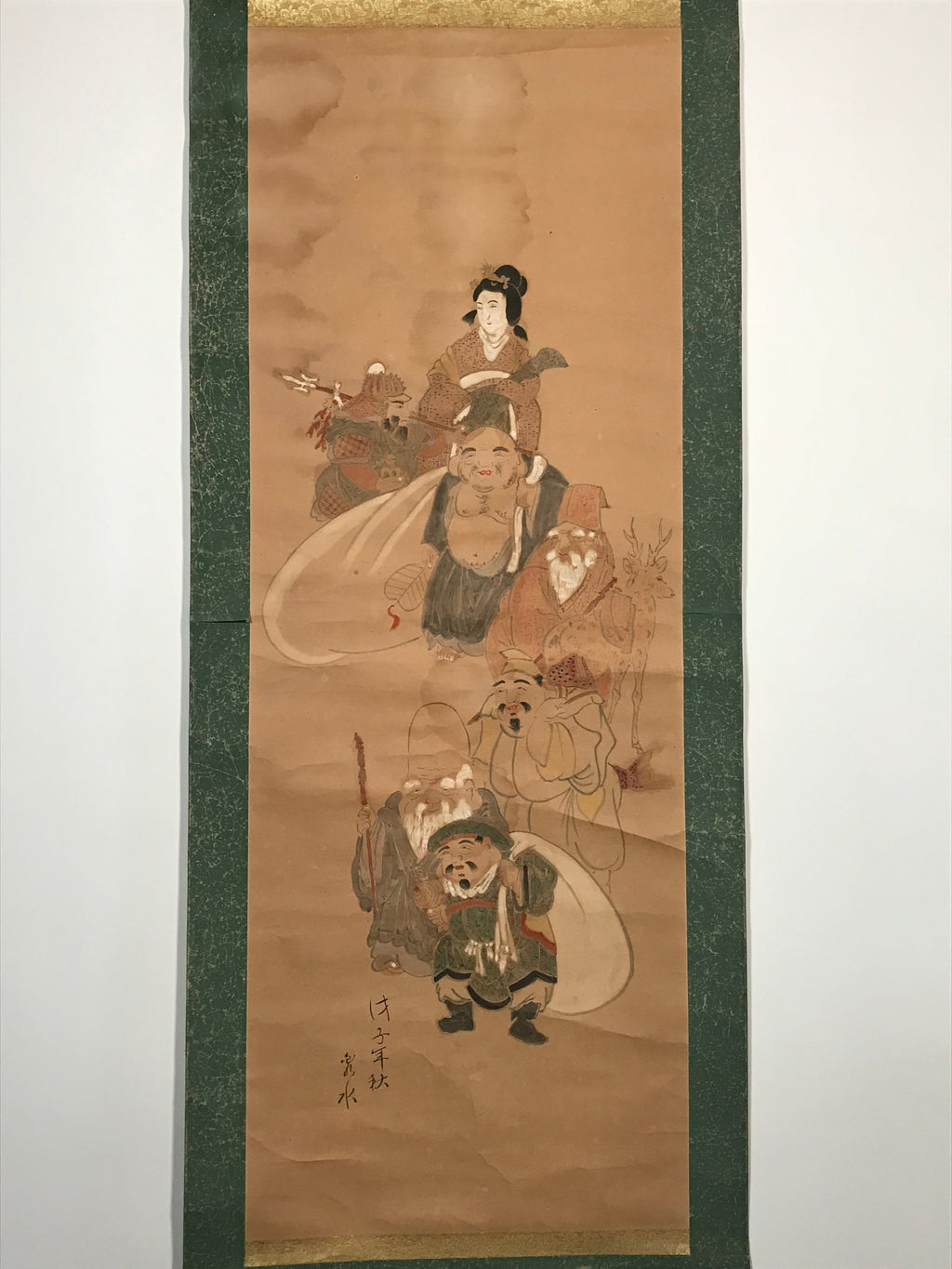 Japanese Hanging Scroll 7 Lucky Gods Auspicious Picture Vtg 1930 Kakejiku SC789