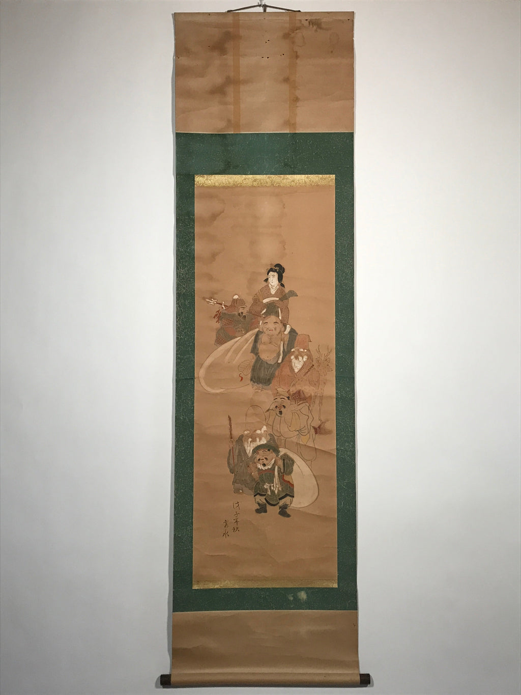 Japanese Hanging Scroll 7 Lucky Gods Auspicious Picture Vtg 1930 Kakejiku SC789
