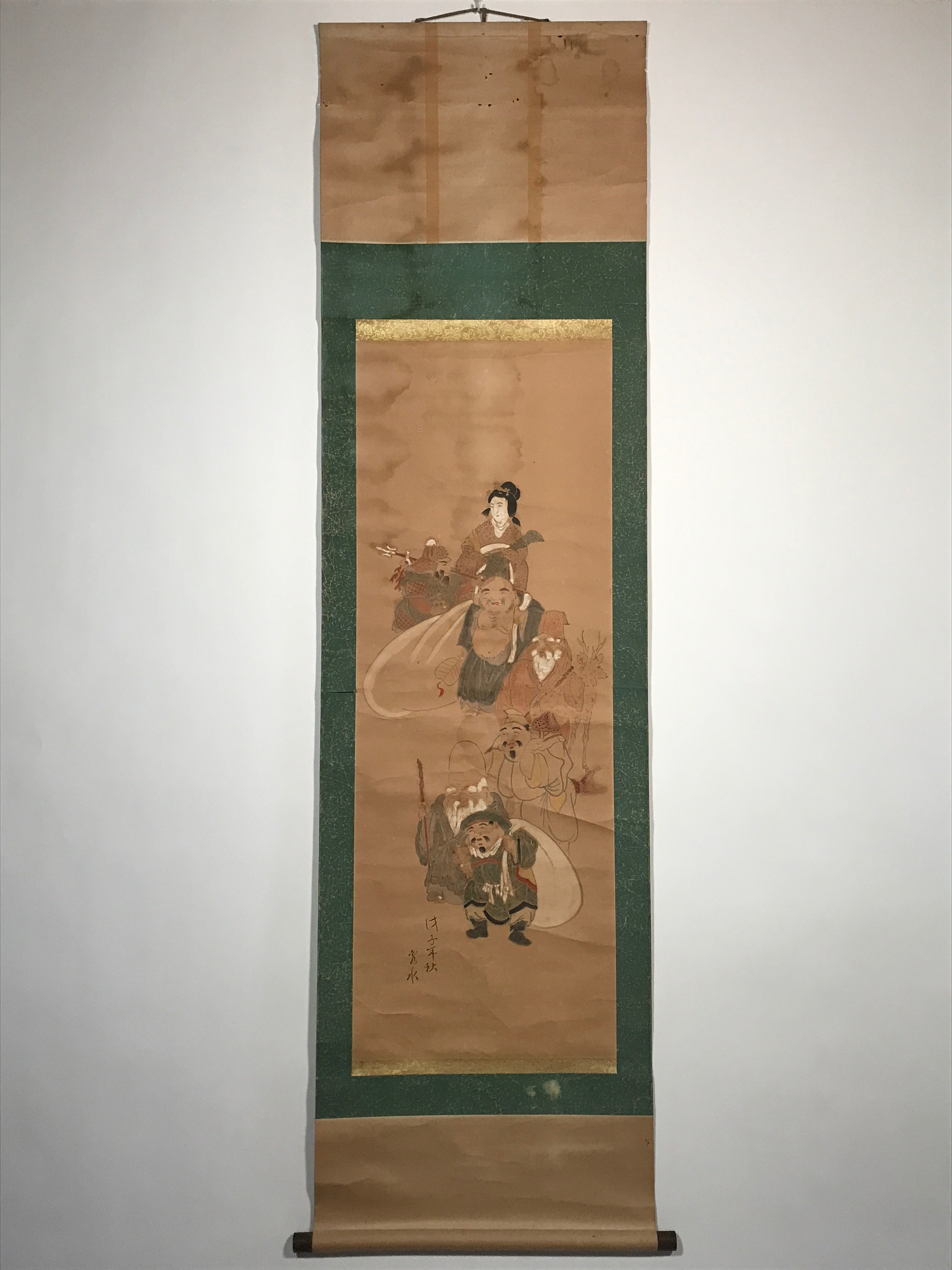Japanese Hanging Scroll 7 Lucky Gods Auspicious Picture Vtg 1930 Kakejiku SC789
