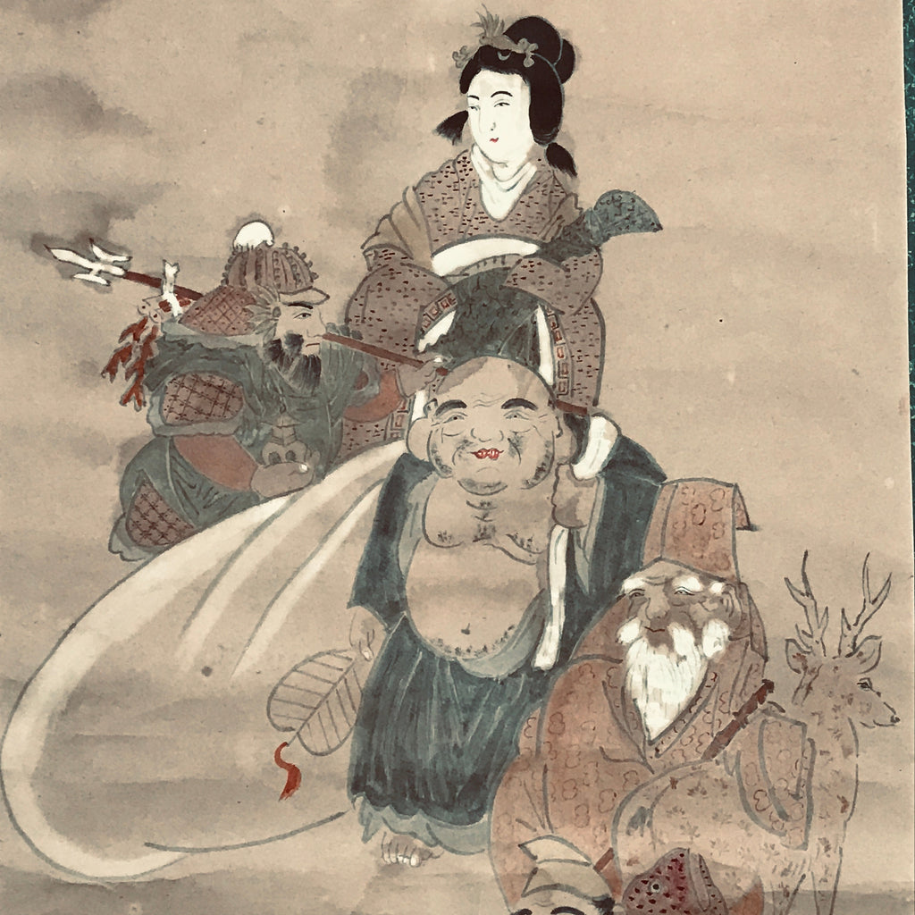 Japanese Hanging Scroll 7 Lucky Gods Auspicious Picture Vtg 1930 Kakejiku SC789