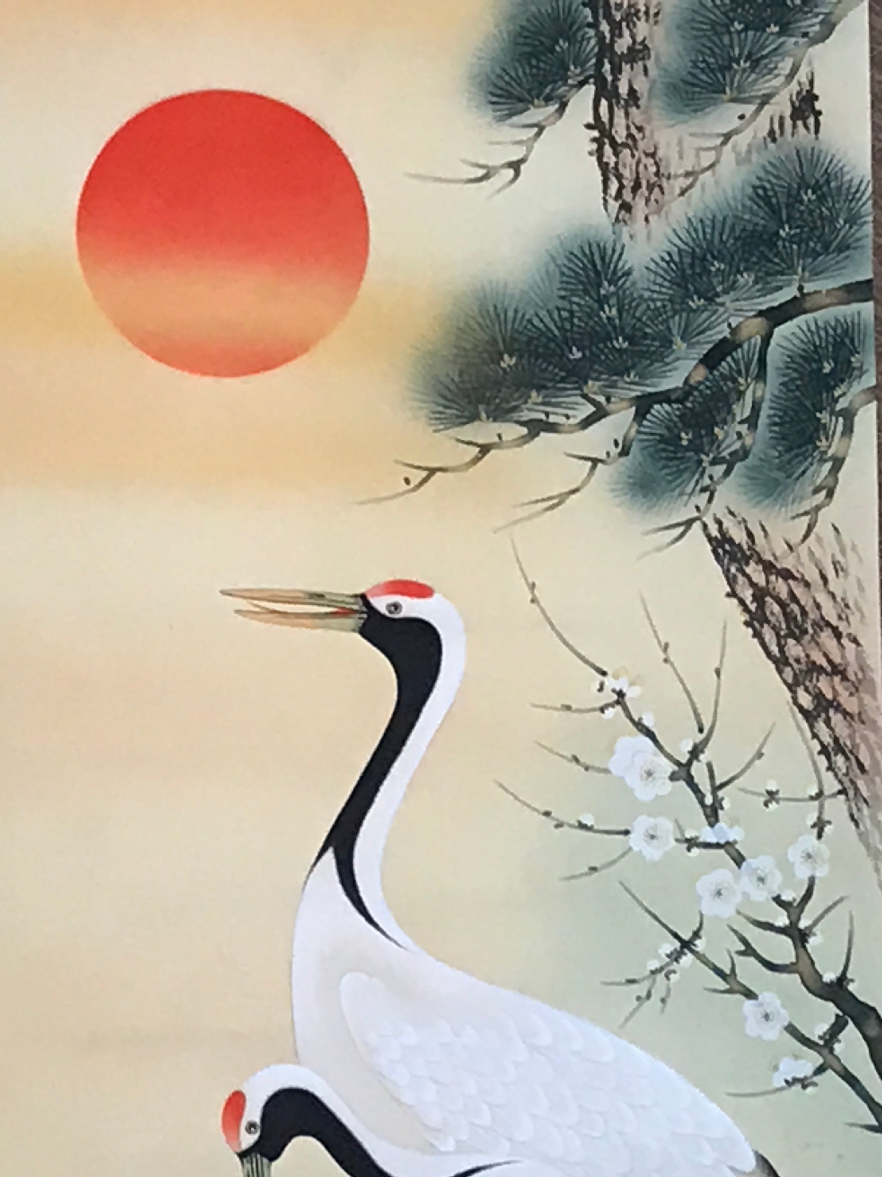 Japanese Hanging Scroll Crane Sunrise Flower Picture Vtg Kakejiku Kakemono SC783