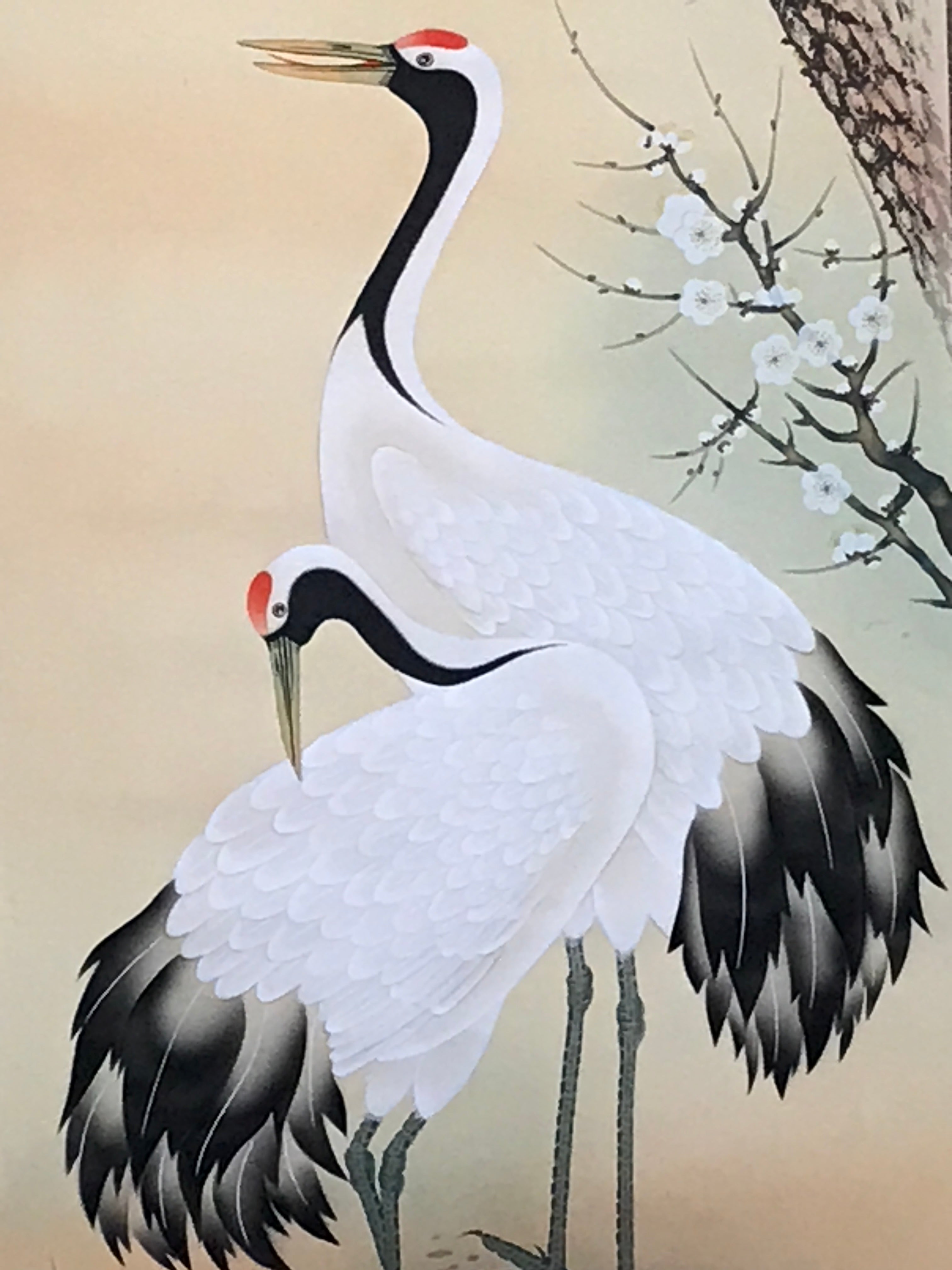Japanese Hanging Scroll Crane Sunrise Flower Picture Vtg Kakejiku Kakemono SC783