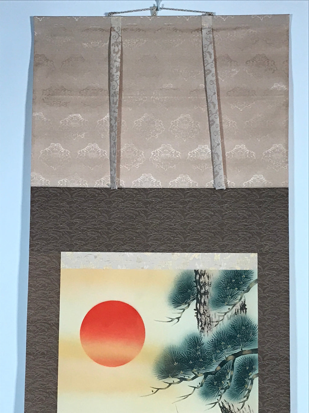 Japanese Hanging Scroll Crane Sunrise Flower Picture Vtg Kakejiku Kakemono SC783