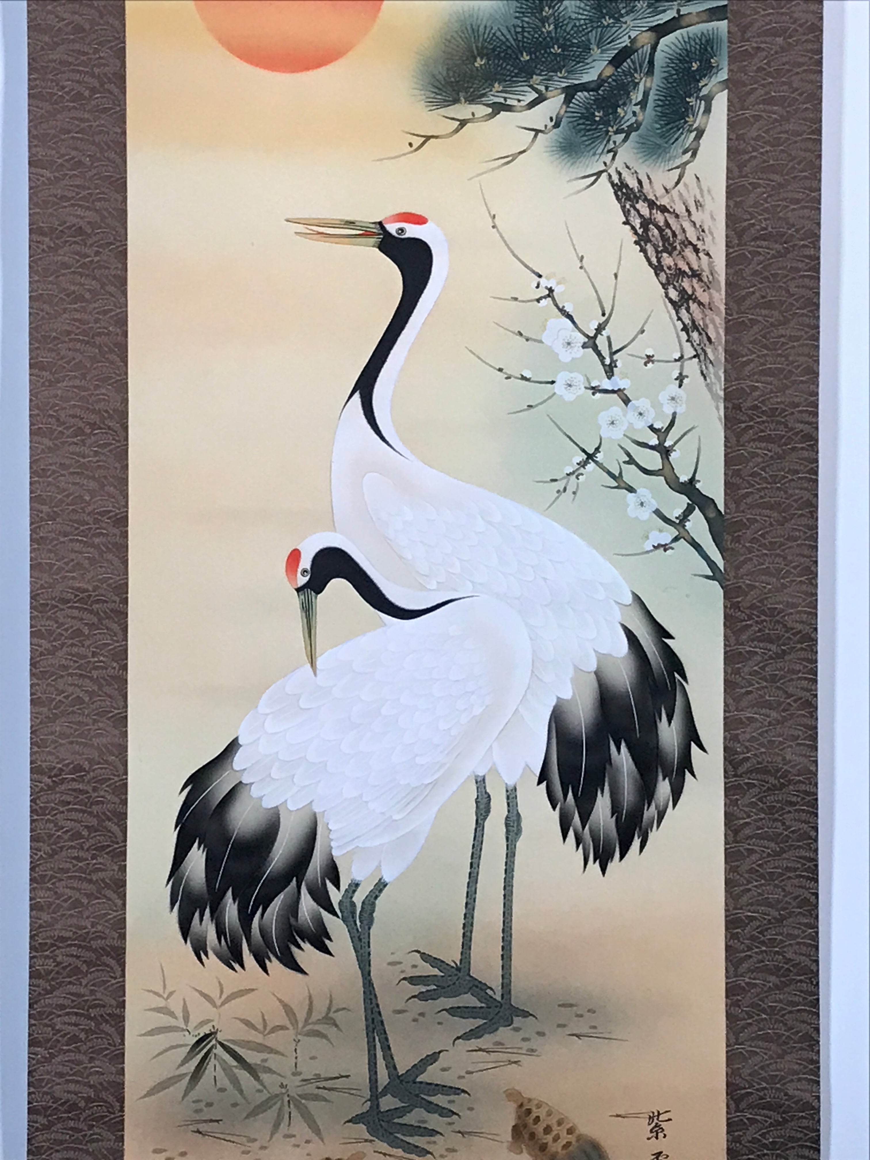 Japanese Hanging Scroll Crane Sunrise Flower Picture Vtg Kakejiku Kakemono SC783