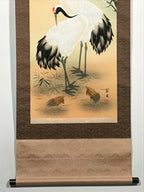 Japanese Hanging Scroll Crane Sunrise Flower Picture Vtg Kakejiku Kakemono SC783