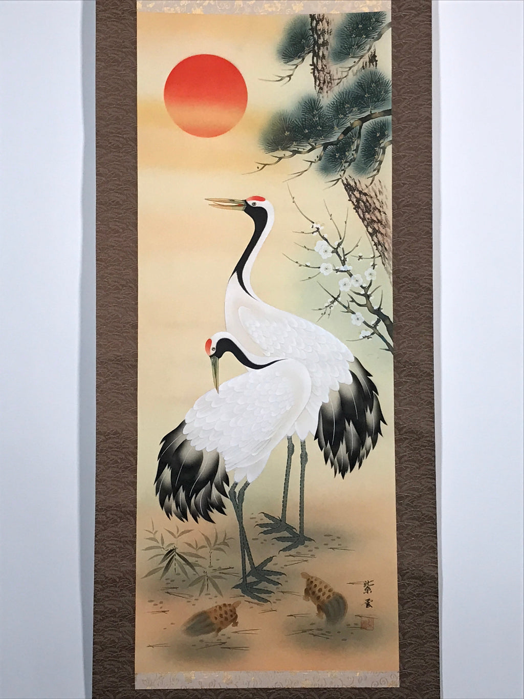 Japanese Hanging Scroll Crane Sunrise Flower Picture Vtg Kakejiku Kakemono SC783