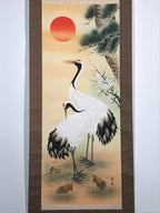 Japanese Hanging Scroll Crane Sunrise Flower Picture Vtg Kakejiku Kakemono SC783