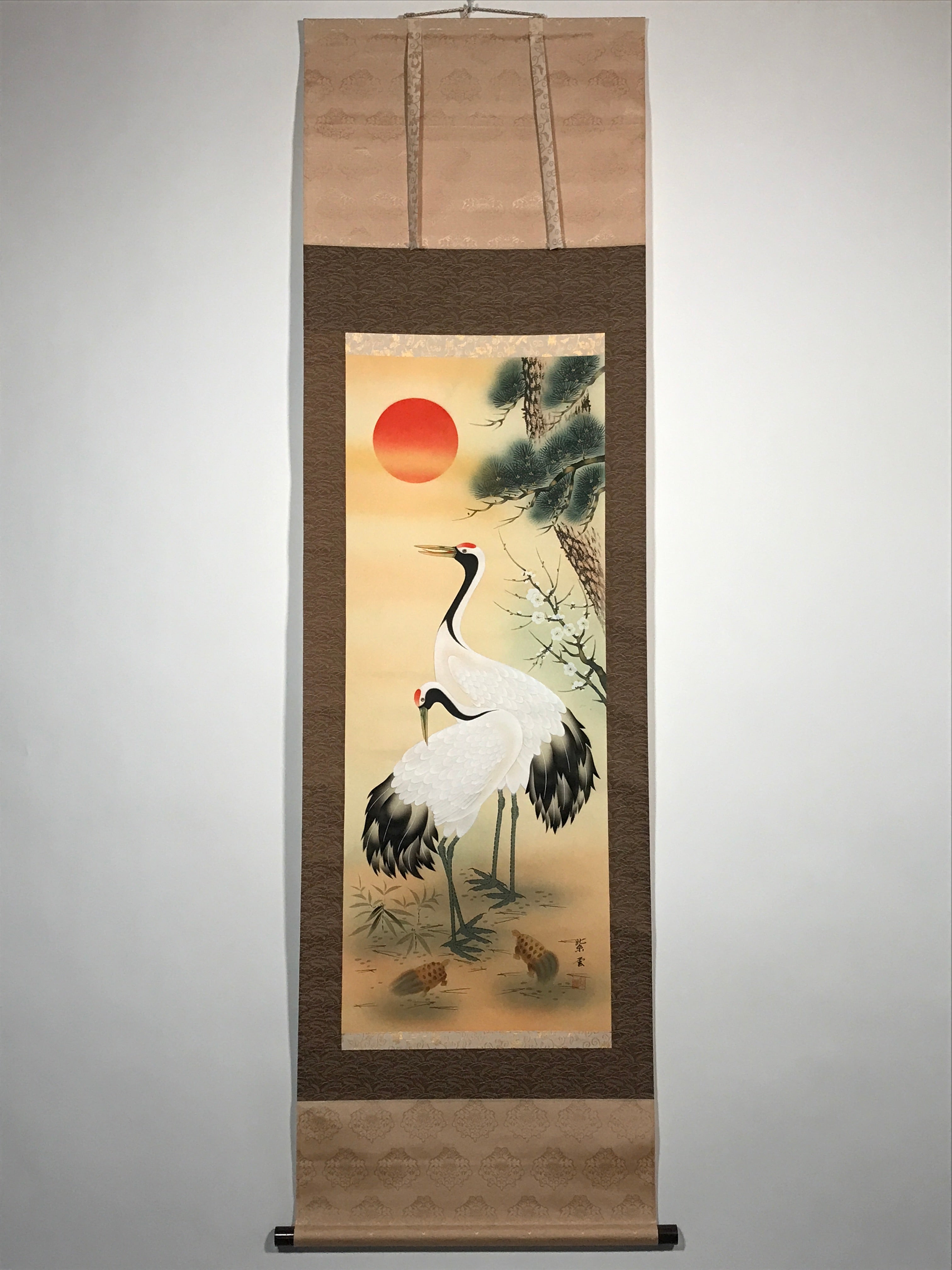 Japanese Hanging Scroll Crane Sunrise Flower Picture Vtg Kakejiku Kakemono SC783