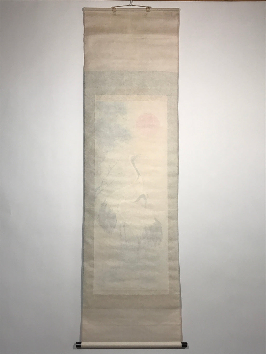 Japanese Hanging Scroll Crane Sunrise Flower Picture Vtg Kakejiku Kakemono SC783