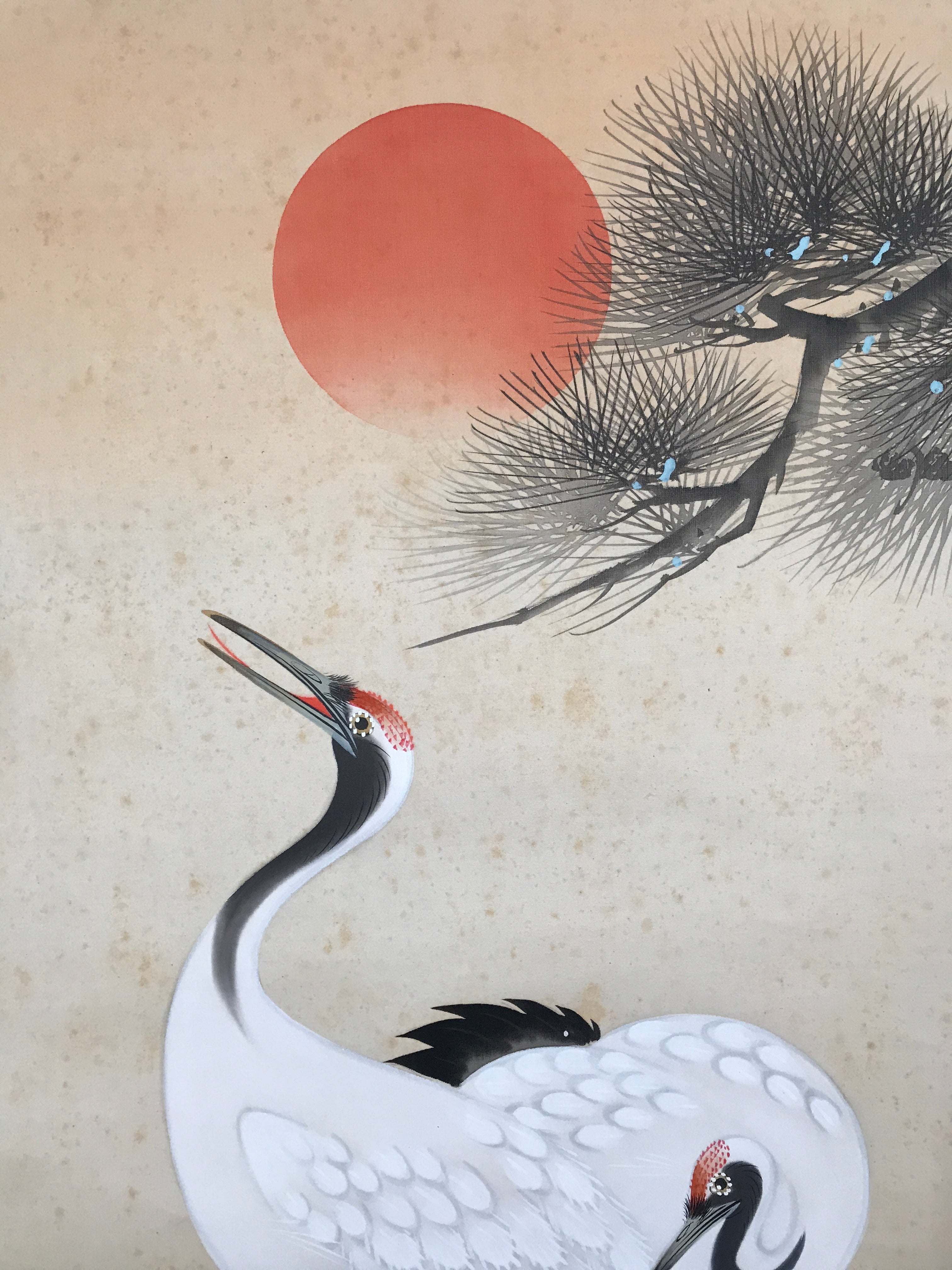 Japanese Hanging Scroll Crane Sunrise Picture Auspicious Vtg Kakejiku SC762