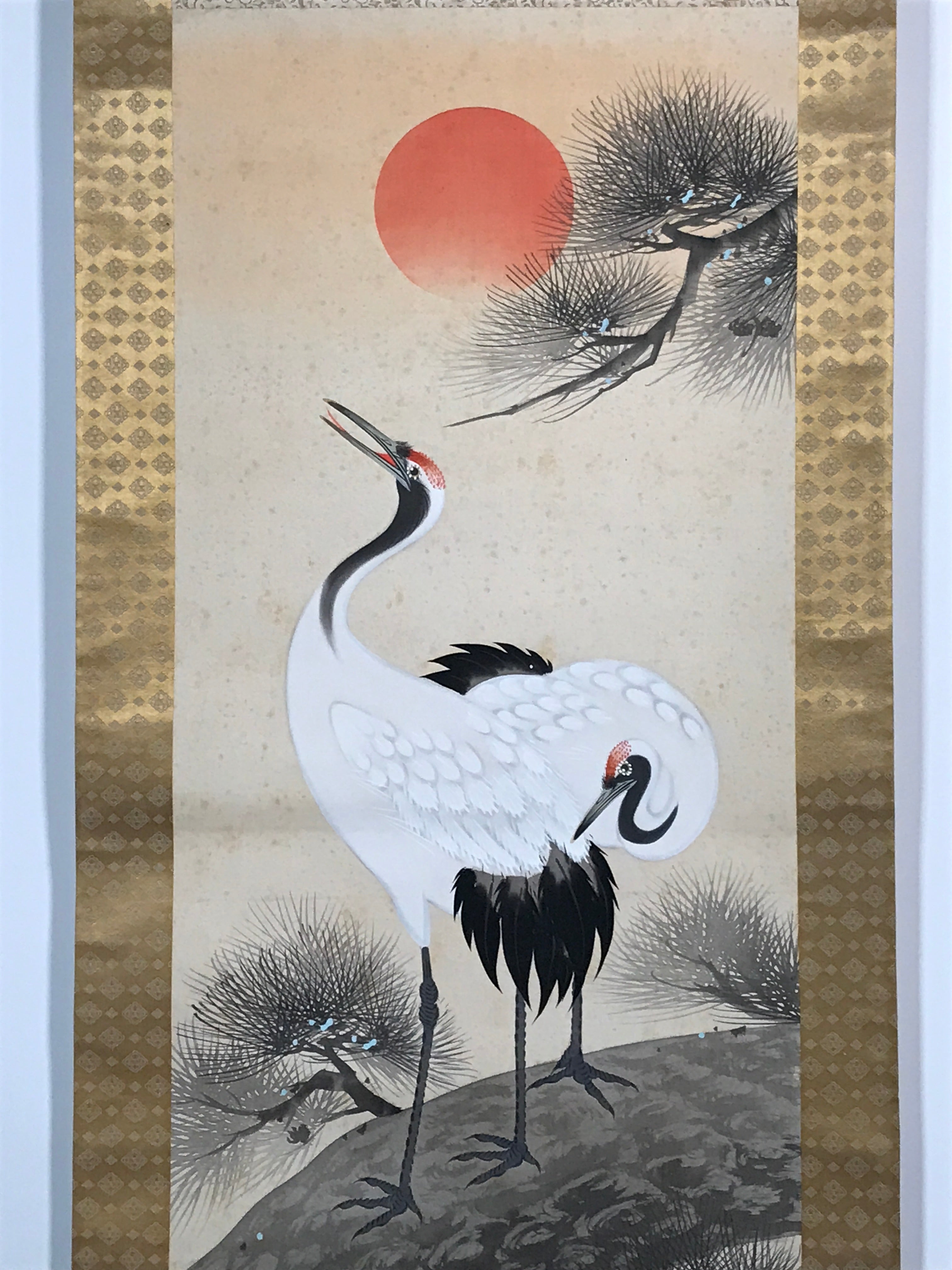 Japanese Hanging Scroll Crane Sunrise Picture Auspicious Vtg Kakejiku SC762