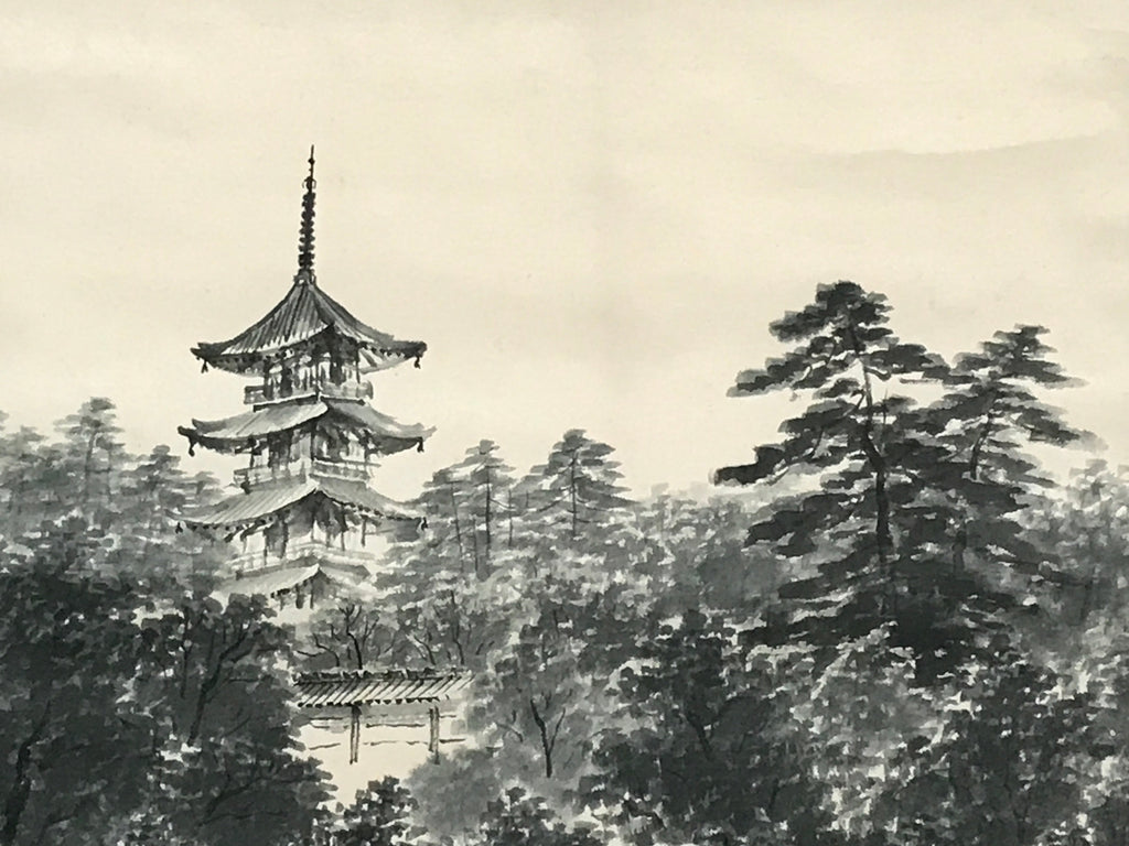Japanese Hanging Scroll Forest And Five-Storied Pagoda Kakejiku Kakemono SC791