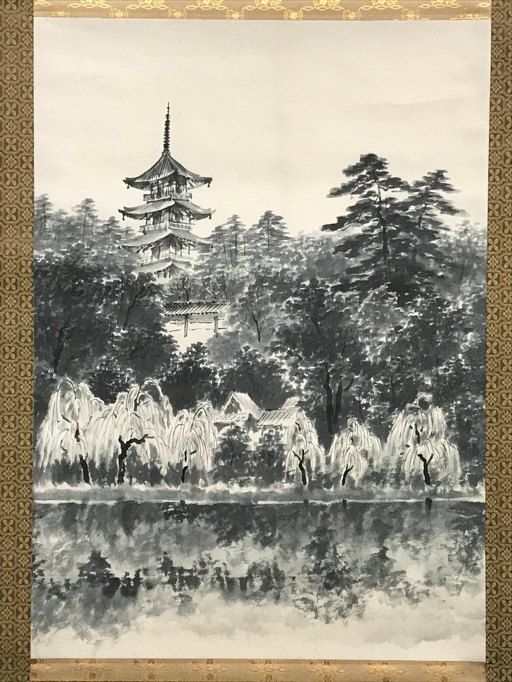 Japanese Hanging Scroll Forest And Five-Storied Pagoda Kakejiku Kakemono SC791