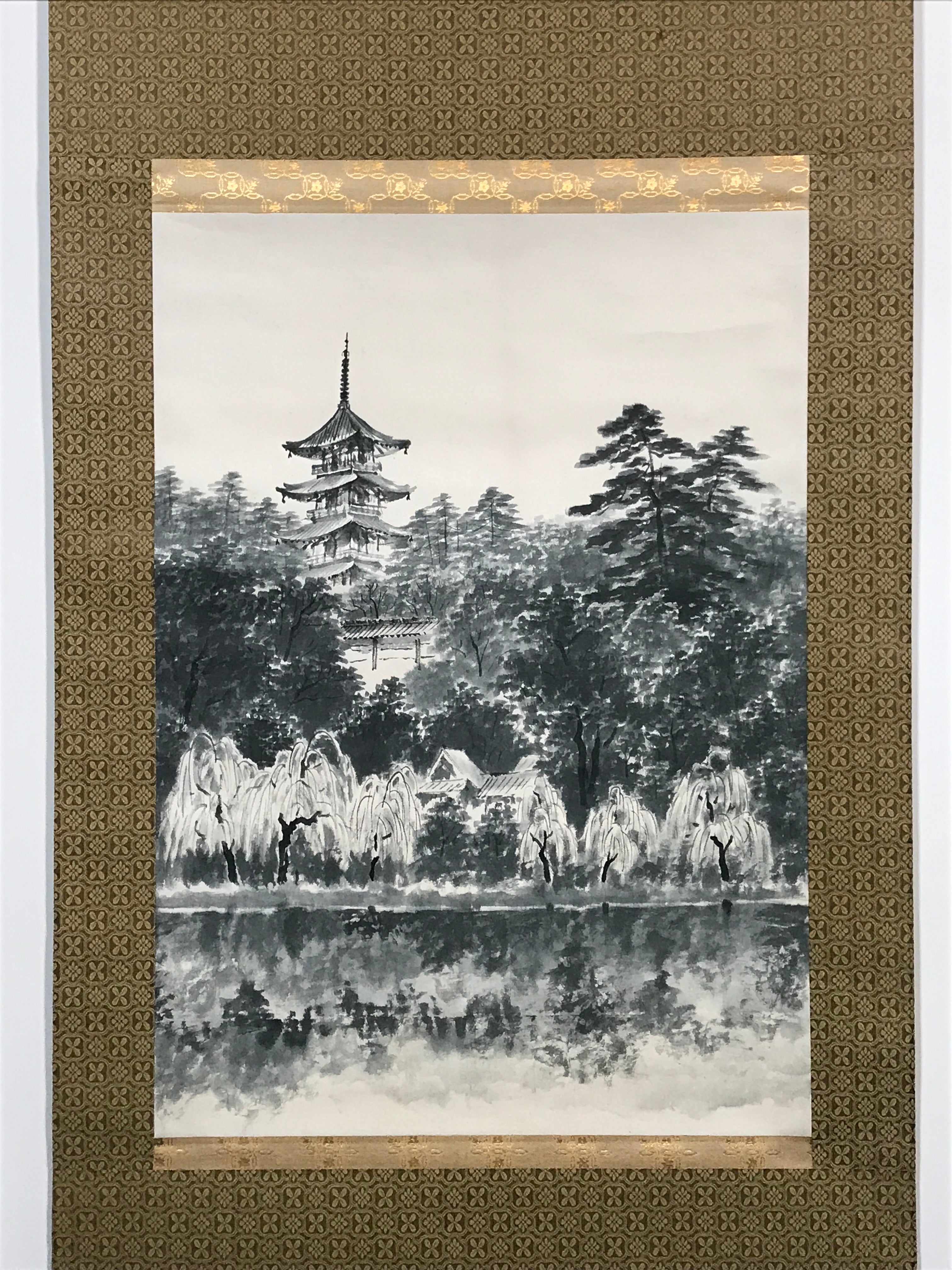 Japanese Hanging Scroll Forest And Five-Storied Pagoda Kakejiku Kakemono SC791