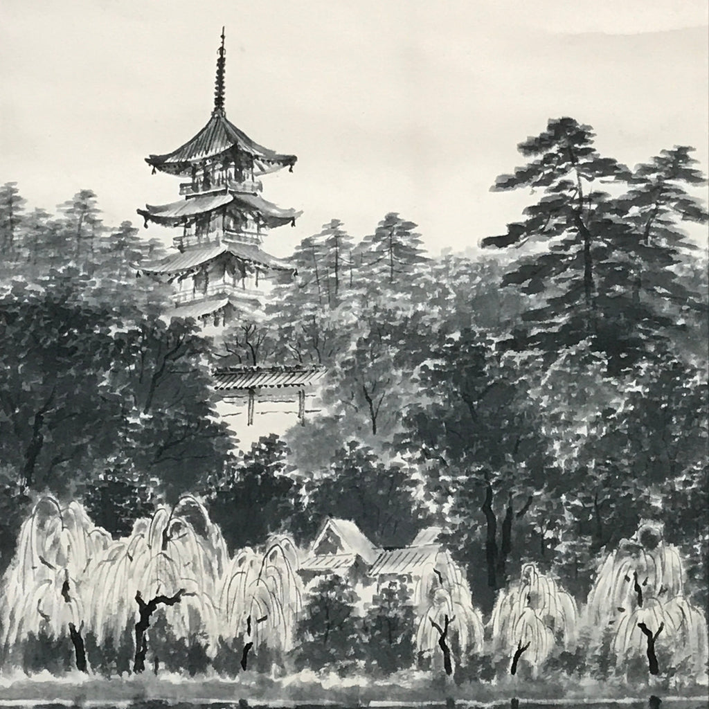 Japanese Hanging Scroll Forest And Five-Storied Pagoda Kakejiku Kakemono SC791