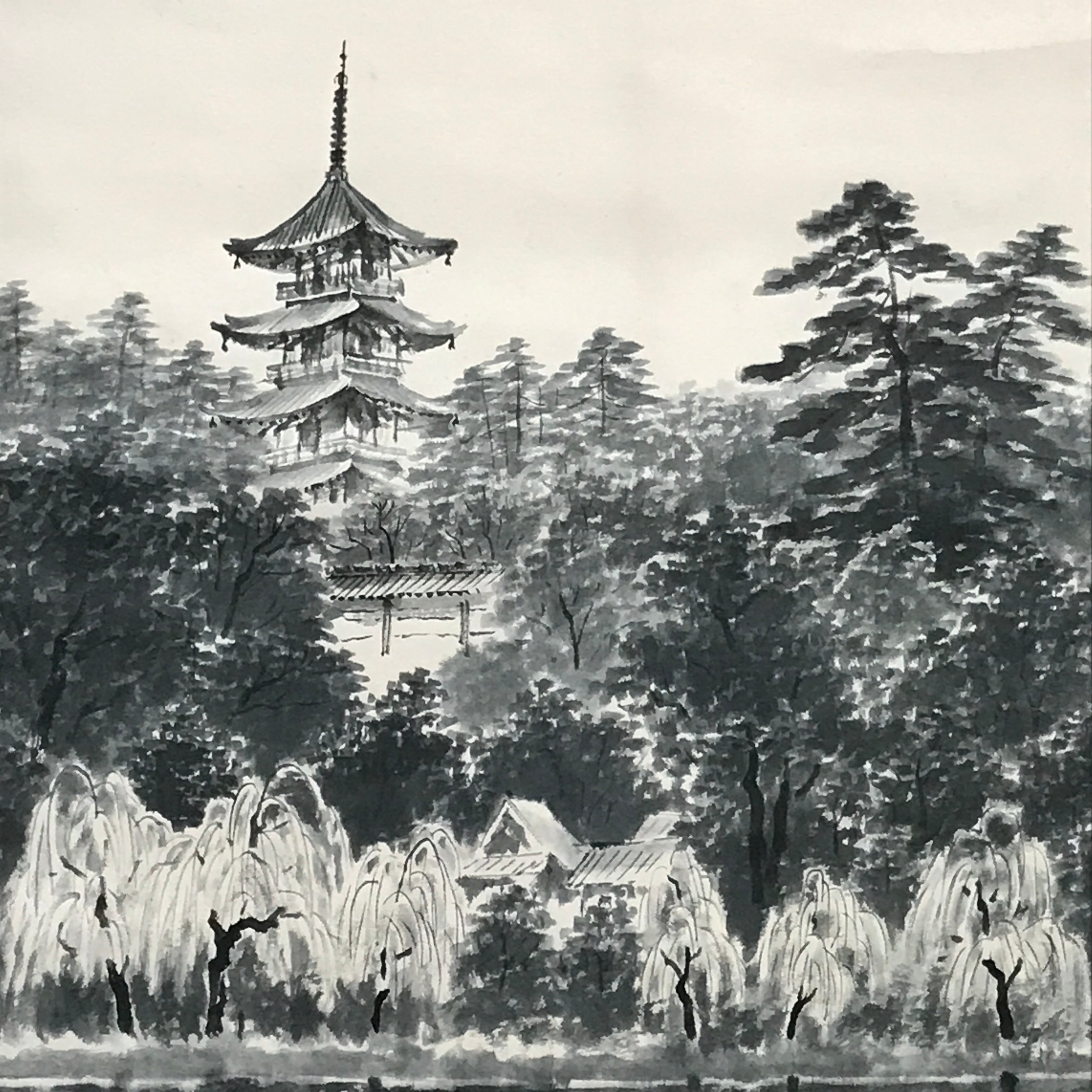 Japanese Hanging Scroll Forest And Five-Storied Pagoda Kakejiku Kakemono SC791