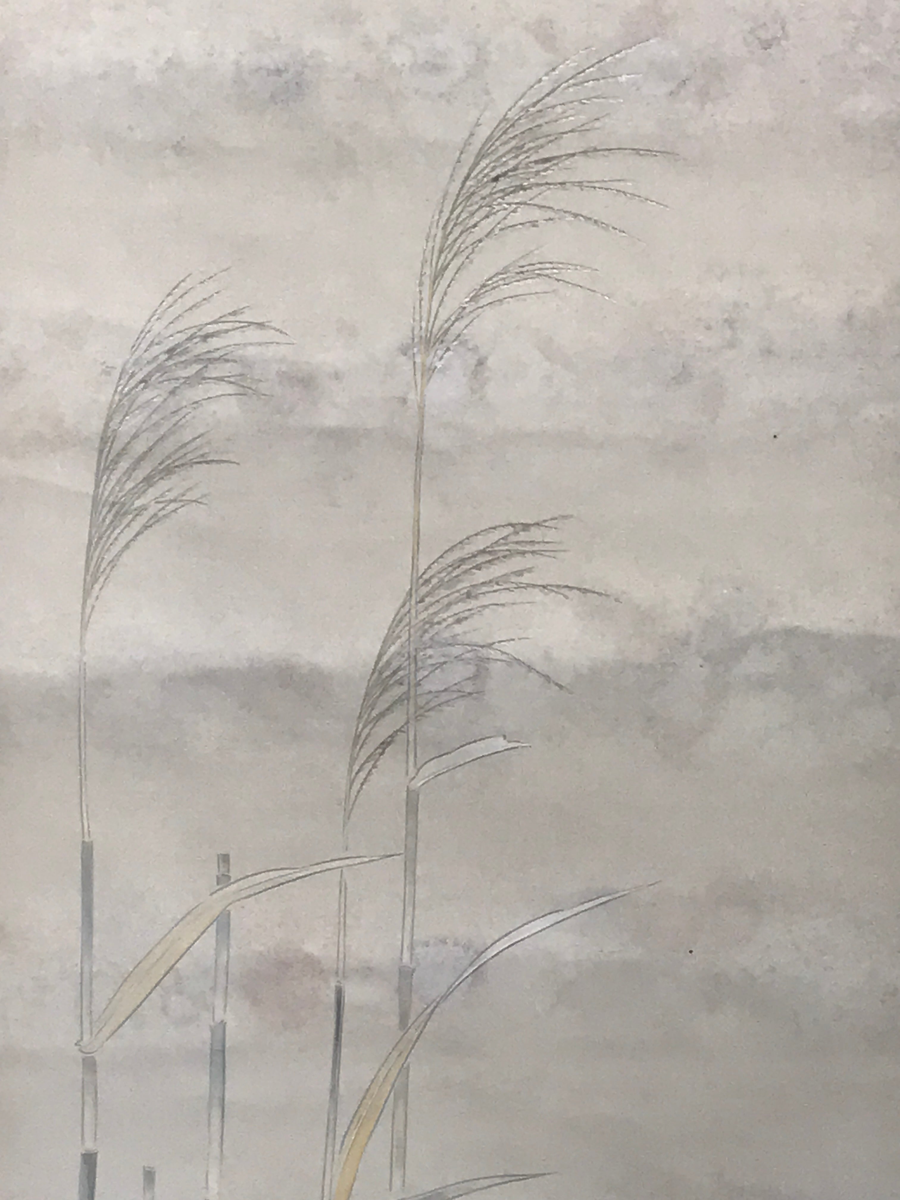 Japanese Hanging Scroll Green Kingfisher Riverside Reed Kakejiku Kakemono SC778