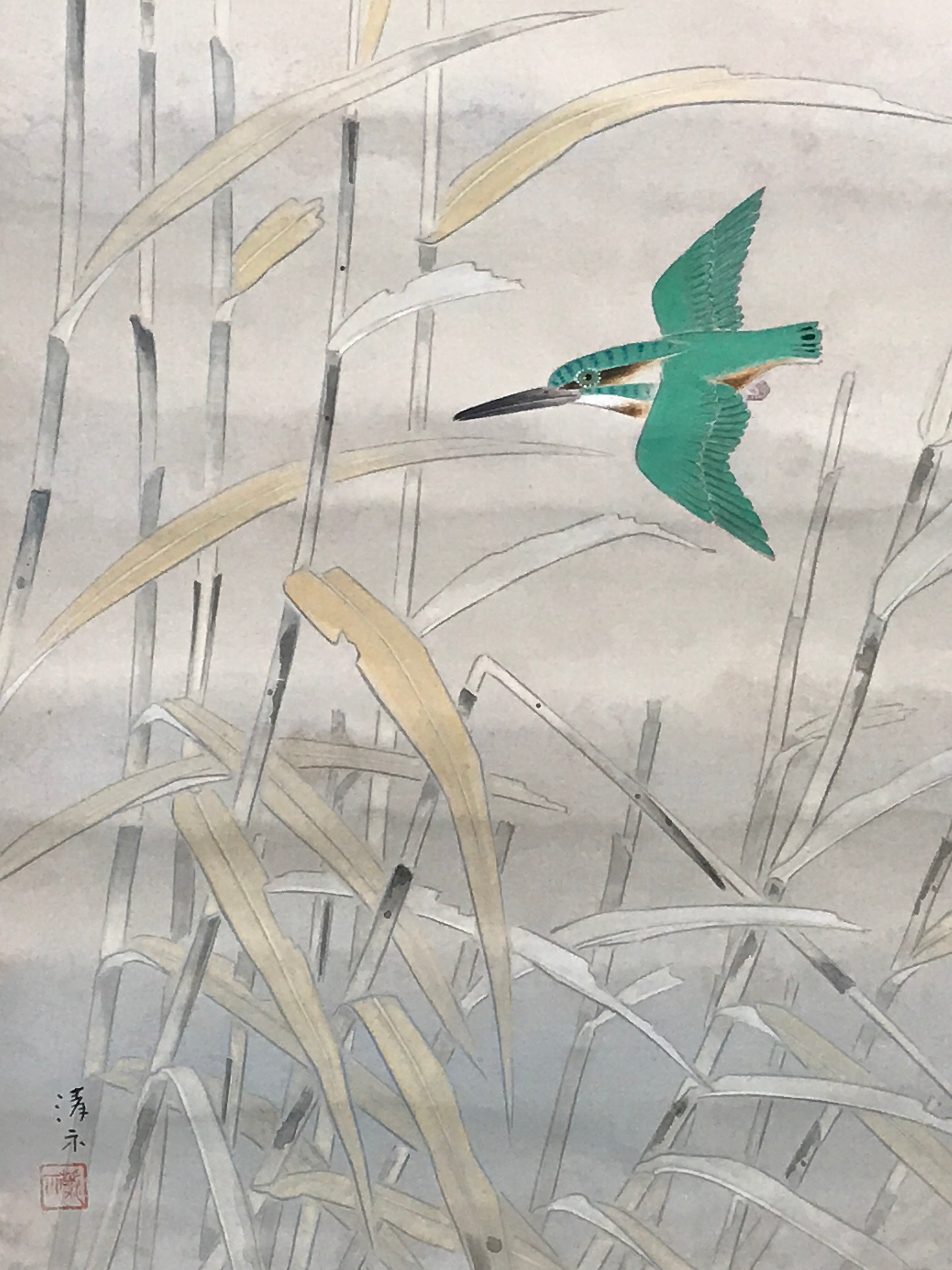 Japanese Hanging Scroll Green Kingfisher Riverside Reed Kakejiku Kakemono SC778