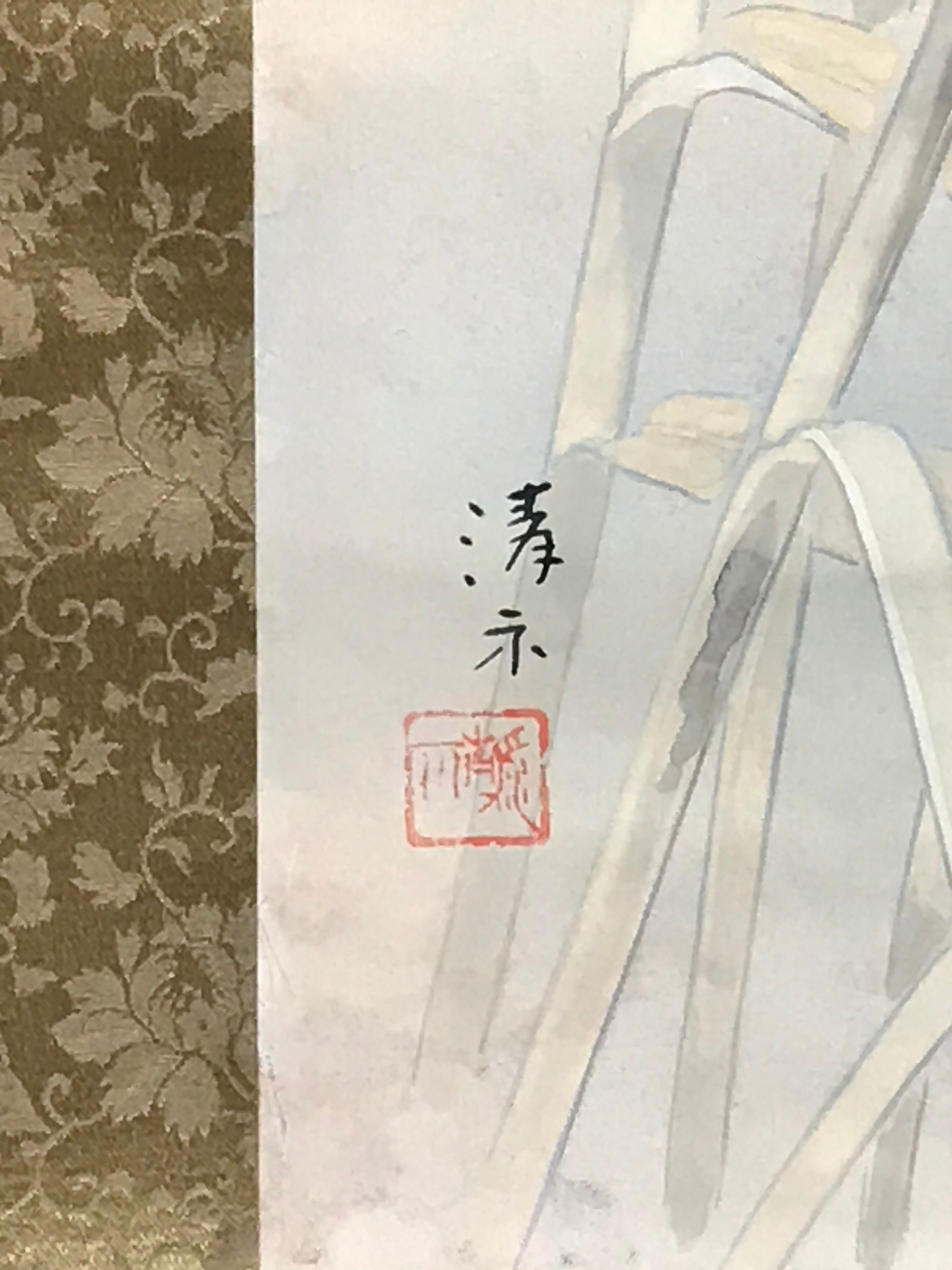 Japanese Hanging Scroll Green Kingfisher Riverside Reed Kakejiku Kakemono SC778