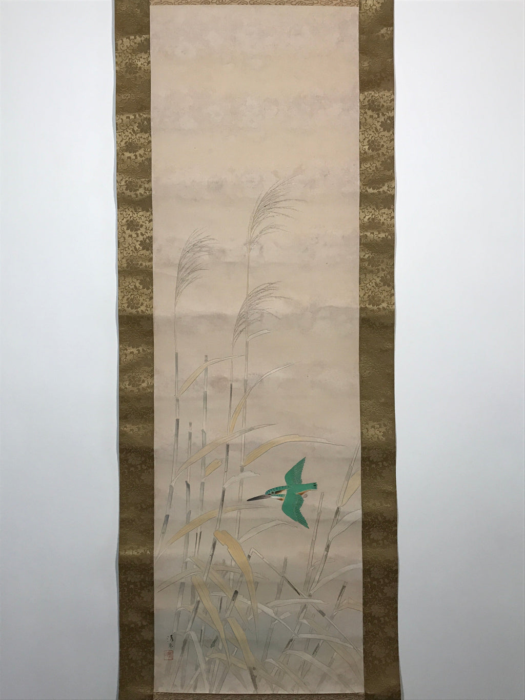 Japanese Hanging Scroll Green Kingfisher Riverside Reed Kakejiku Kakemono SC778