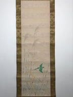 Japanese Hanging Scroll Green Kingfisher Riverside Reed Kakejiku Kakemono SC778