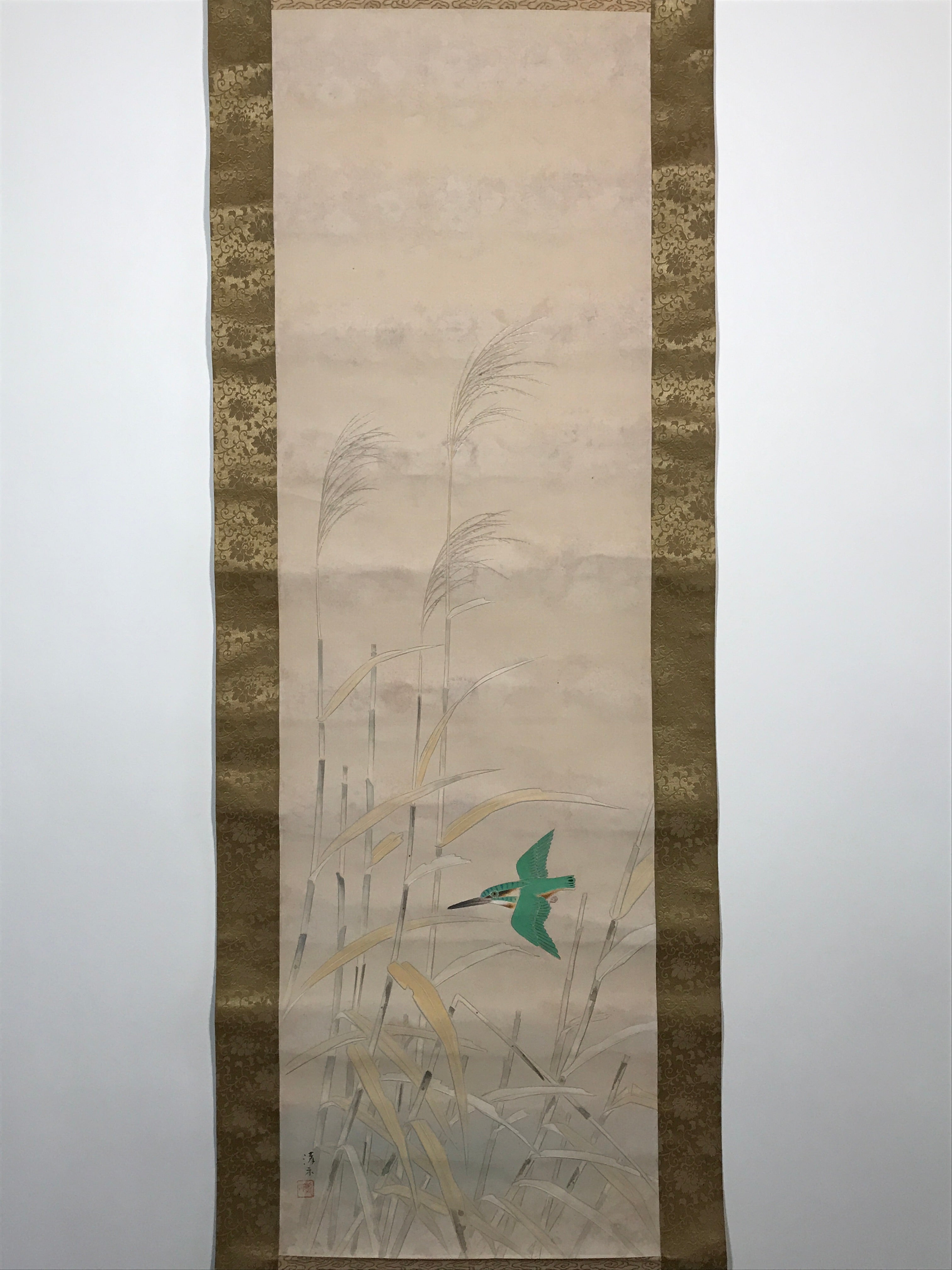Japanese Hanging Scroll Green Kingfisher Riverside Reed Kakejiku Kakemono SC778