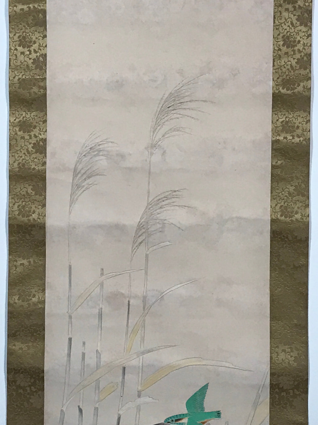 Japanese Hanging Scroll Green Kingfisher Riverside Reed Kakejiku Kakemono SC778