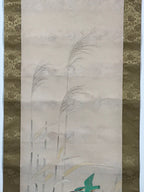 Japanese Hanging Scroll Green Kingfisher Riverside Reed Kakejiku Kakemono SC778