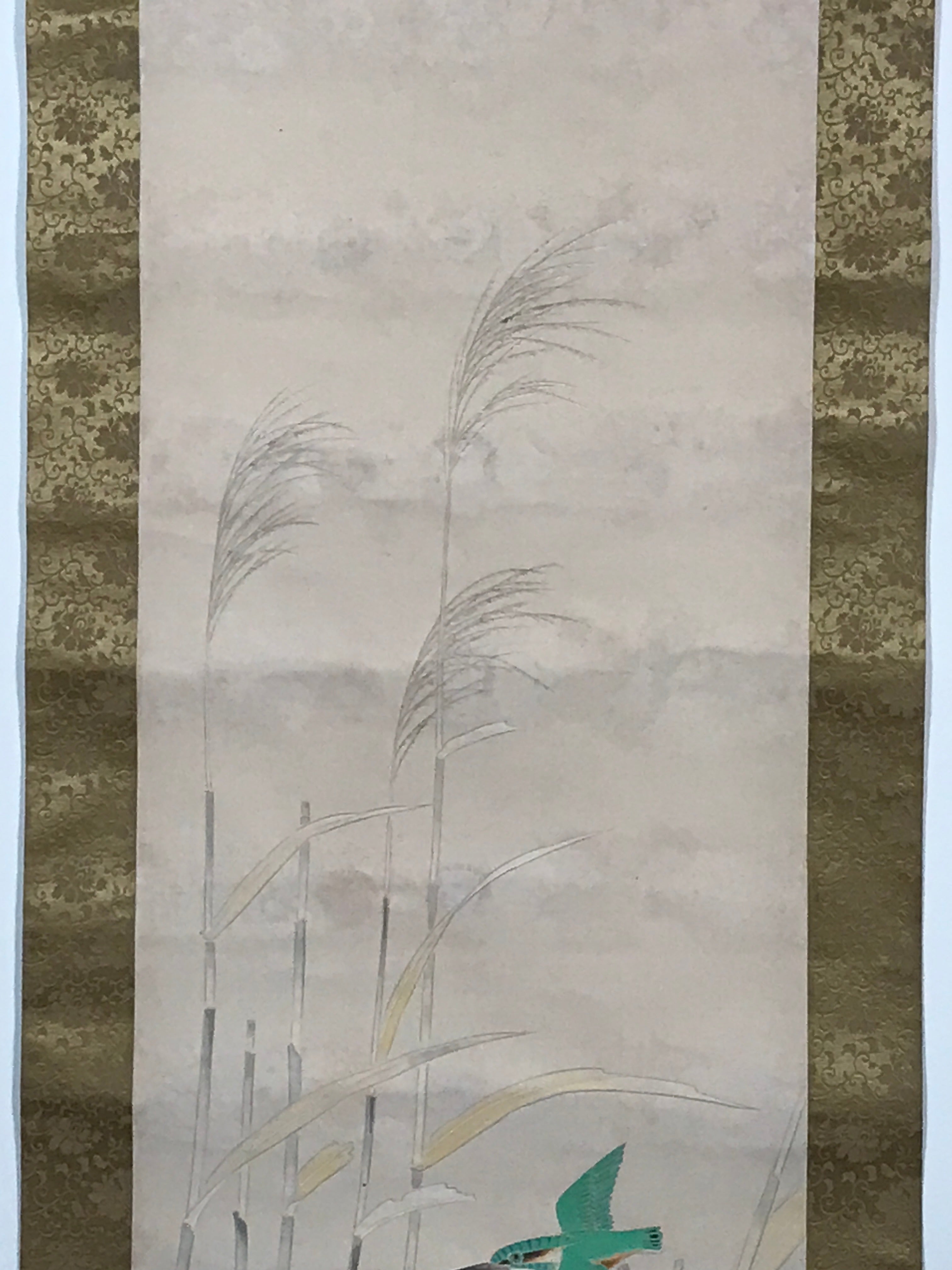 Japanese Hanging Scroll Green Kingfisher Riverside Reed Kakejiku Kakemono SC778