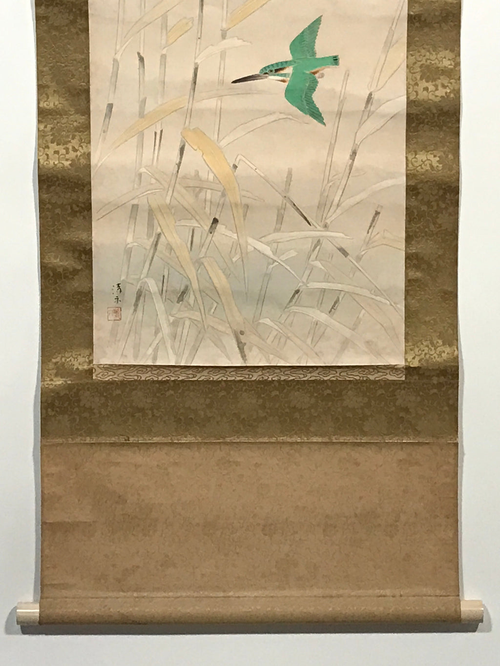 Japanese Hanging Scroll Green Kingfisher Riverside Reed Kakejiku Kakemono SC778