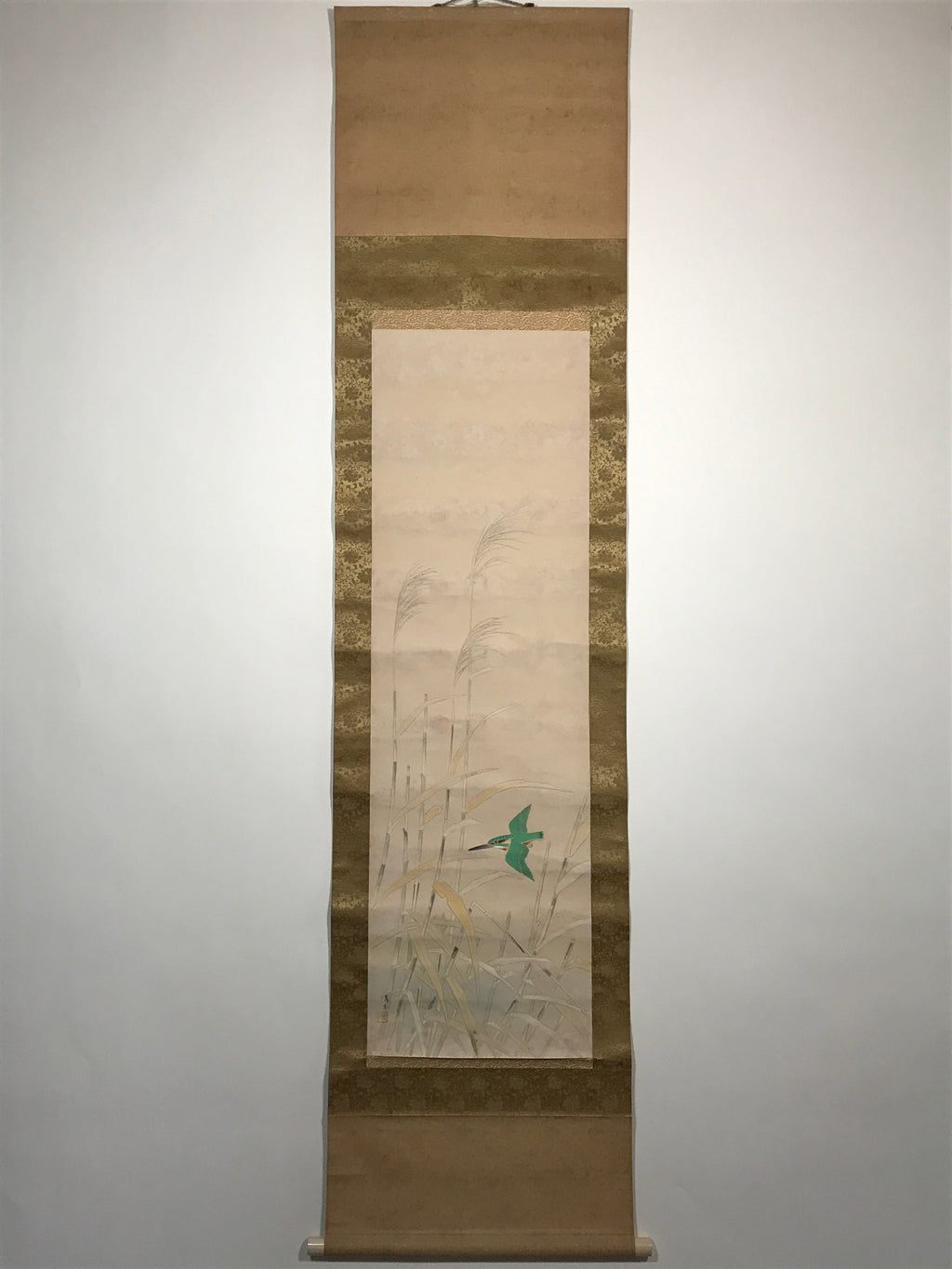 Japanese Hanging Scroll Green Kingfisher Riverside Reed Kakejiku Kakemono SC778