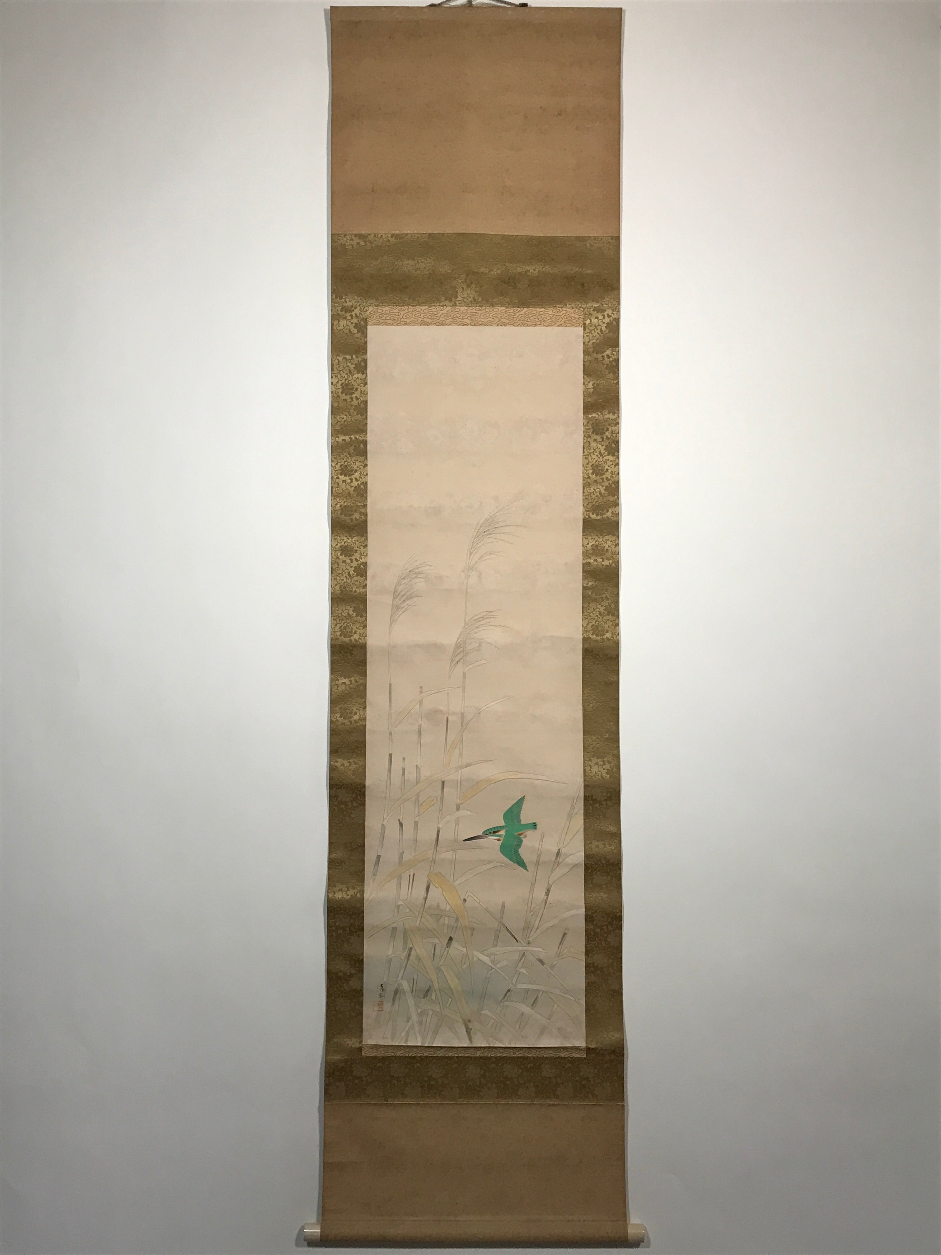 Japanese Hanging Scroll Green Kingfisher Riverside Reed Kakejiku Kakemono SC778