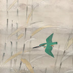 Japanese Hanging Scroll Green Kingfisher Riverside Reed Kakejiku Kakemono SC778