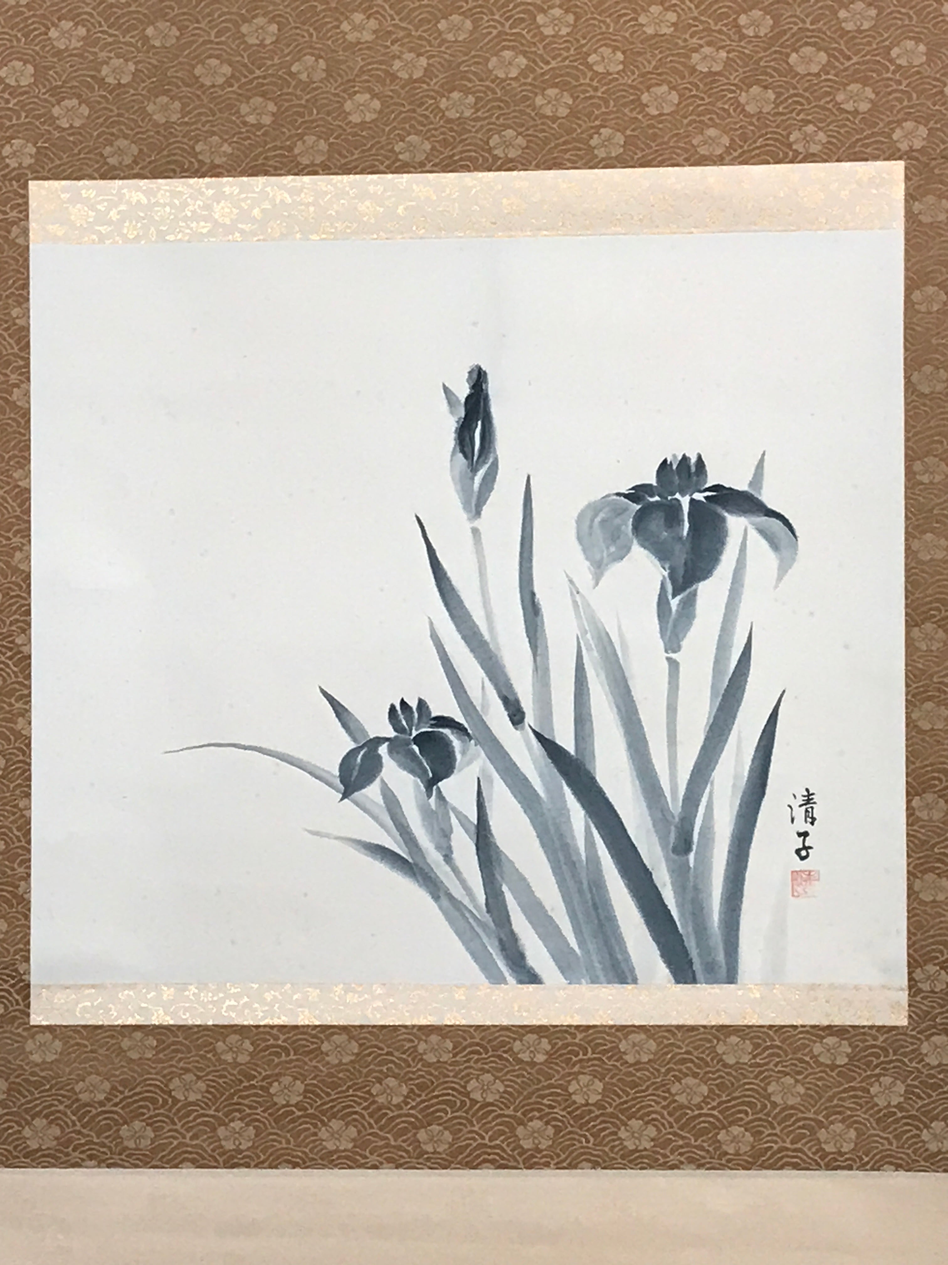 Japanese Hanging Scroll Nihon-ga Black Ink Art Iris Vtg Kakejiku Kakemono SC769